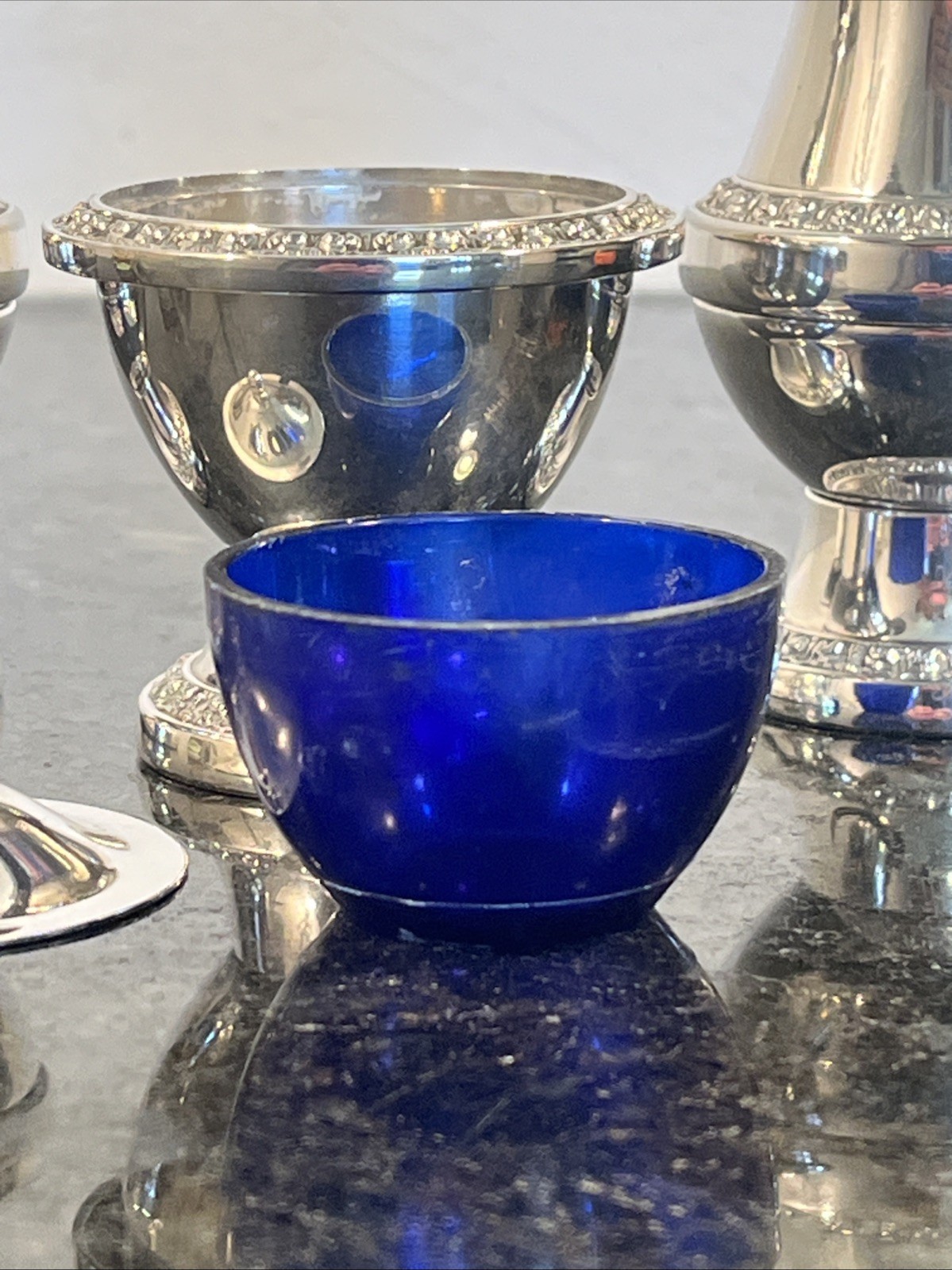 Ianthe Silver Plated Condiment Set Salt Pepper Mustard Pot England