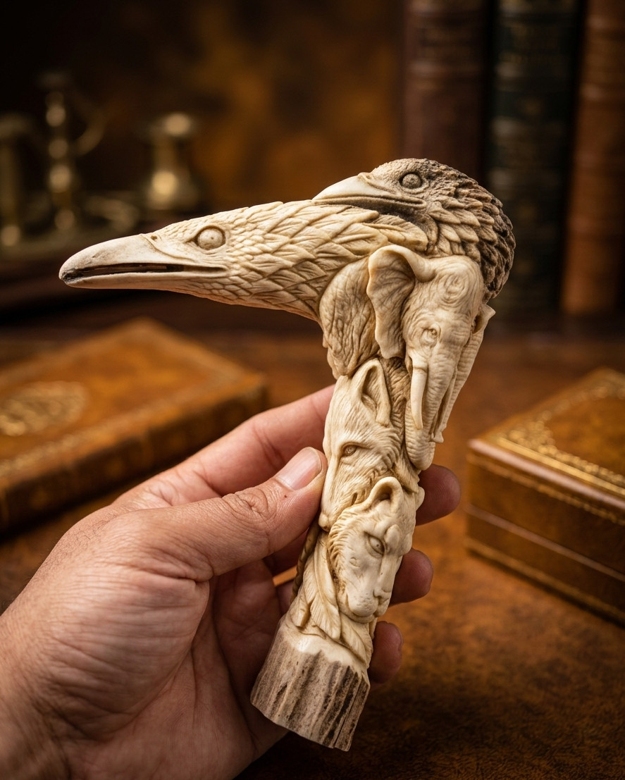 Premium Deer Antler Carving Handle – Eagle, Raven, Elephant, Tiger, Wolf & Bear