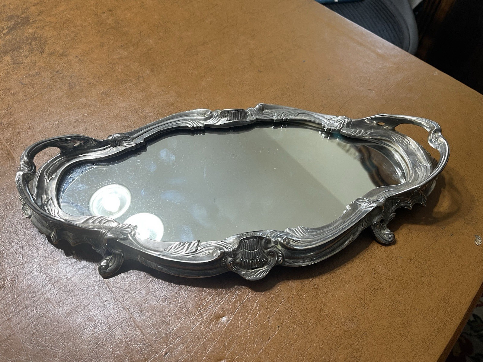 Antique RARE French Art Nouveau Mirrored Footed Tray