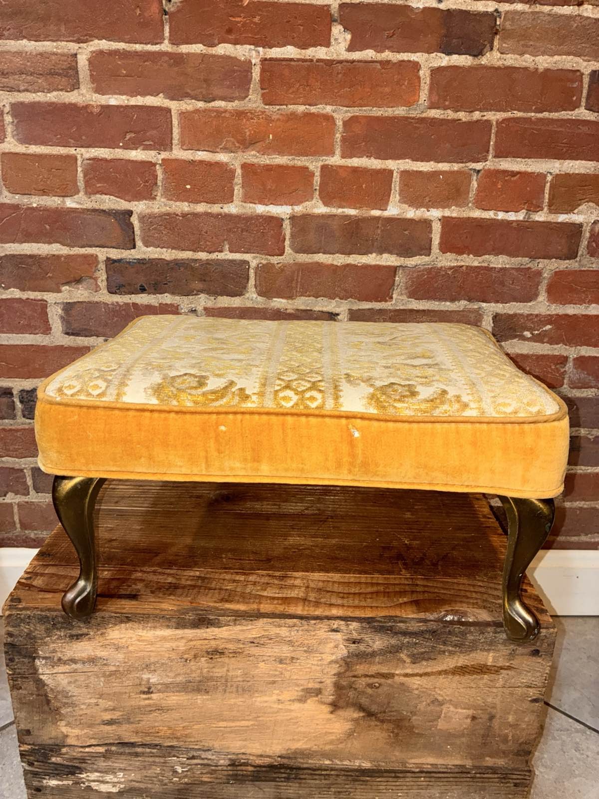 MCM Small Gold Cut Velvet Brass Leg Footstool Ottoman Victorian Stand Cushion