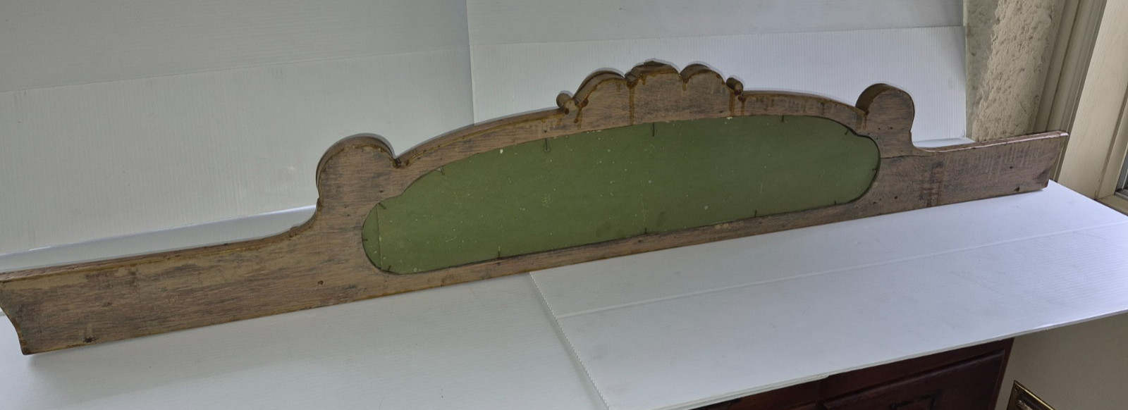 Antique Oak Beveled Oval Mirror Backsplash Ornate Carved 56″ long