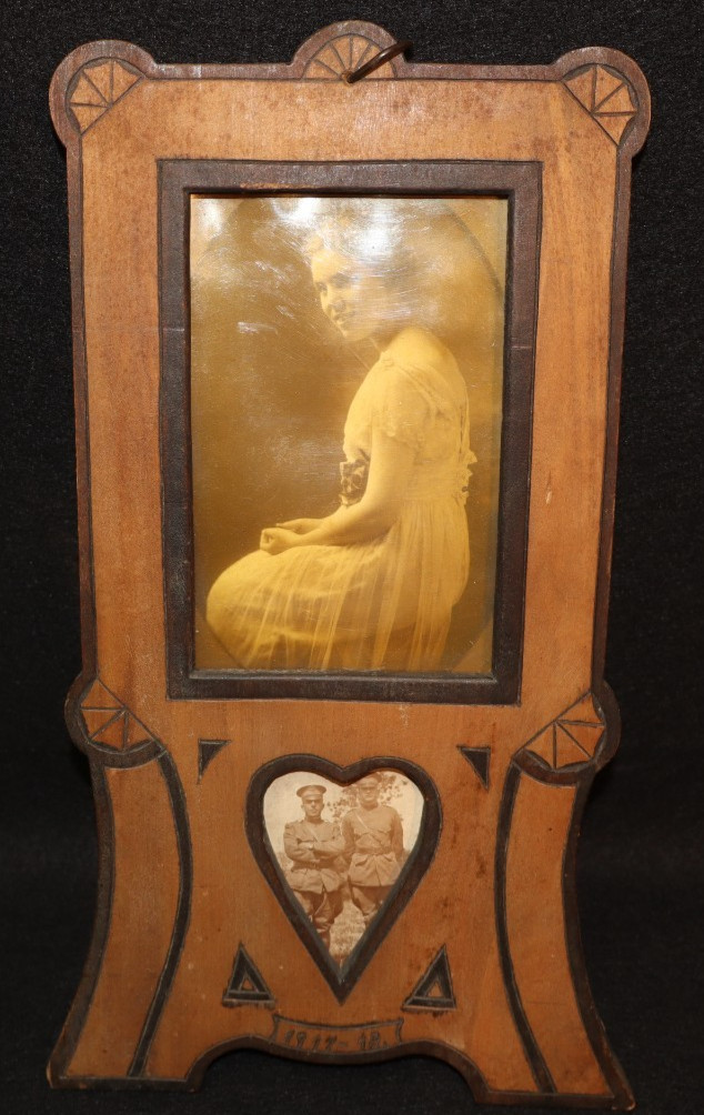 WWI US Officers Sweetheart Folk Art POW Carved Wood Frame Photographs 1917 1918
