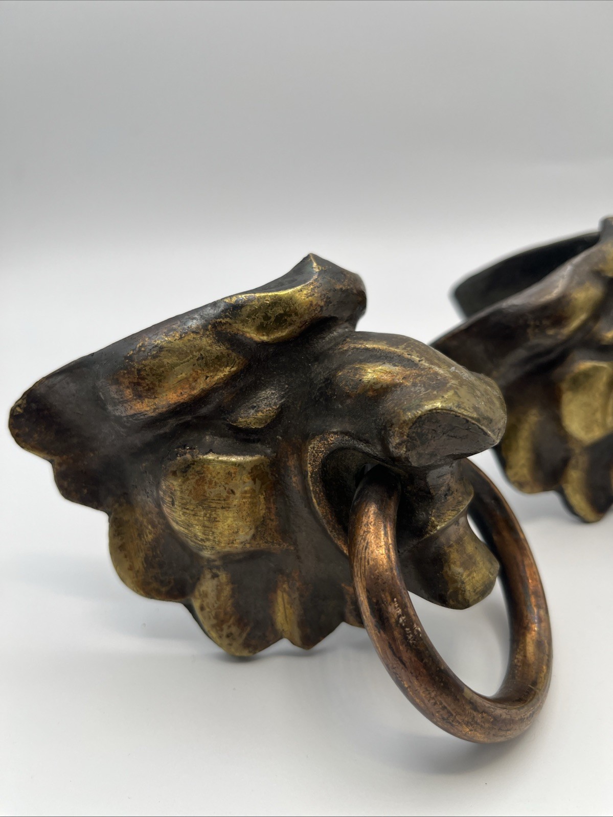 Pair Vintage Brass Lion Head Ring Pulls Angled Mount Slant Front Desk Hardware