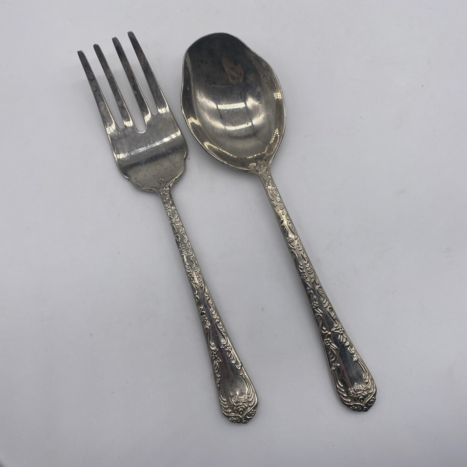 Wm Rogers Enchanted Rose Silverplate Meat Fork and Serving Spoon