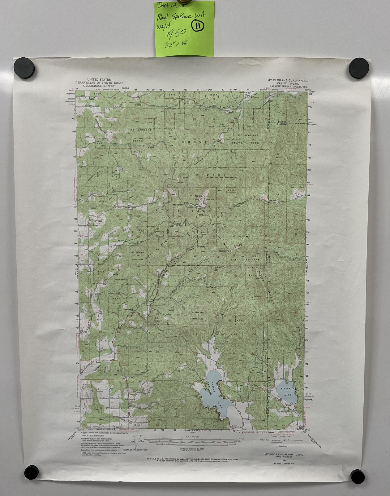 1950 Washington Mt Spokane Quadrangle USGS Topographic Map Mines Trails Water