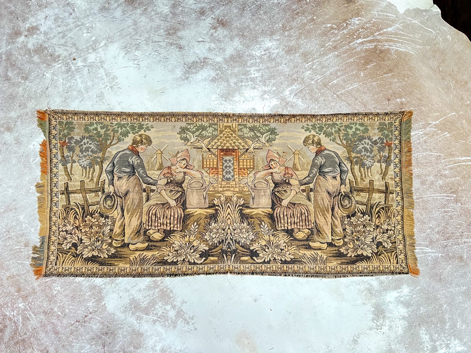Antique Dutch Pastoral Tapestry 42.5” Folk Scene Estate Provenance 1800s