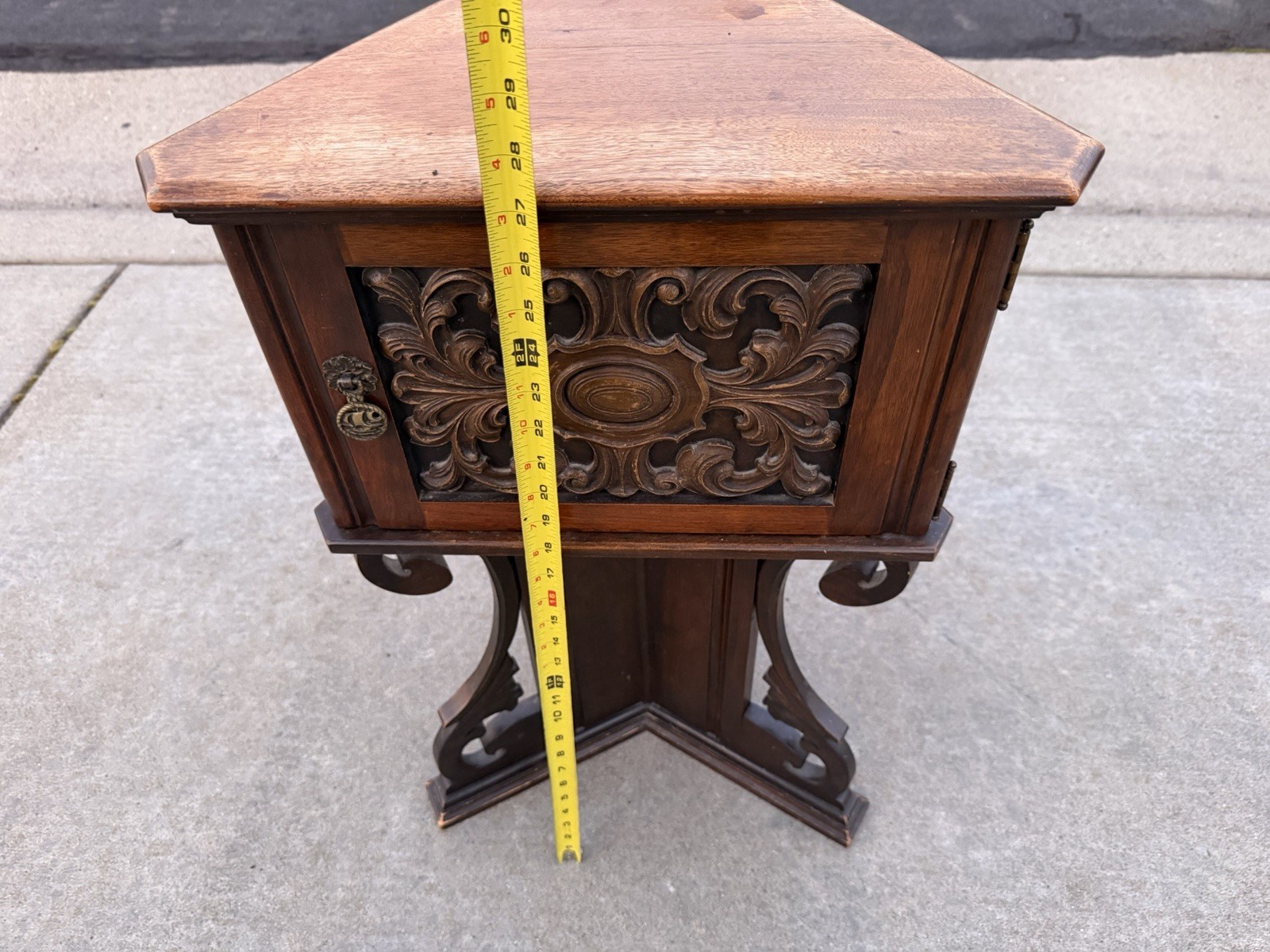 Triangular 1920 American Carved Chairside Table Humidor Smoking Stand Copper
