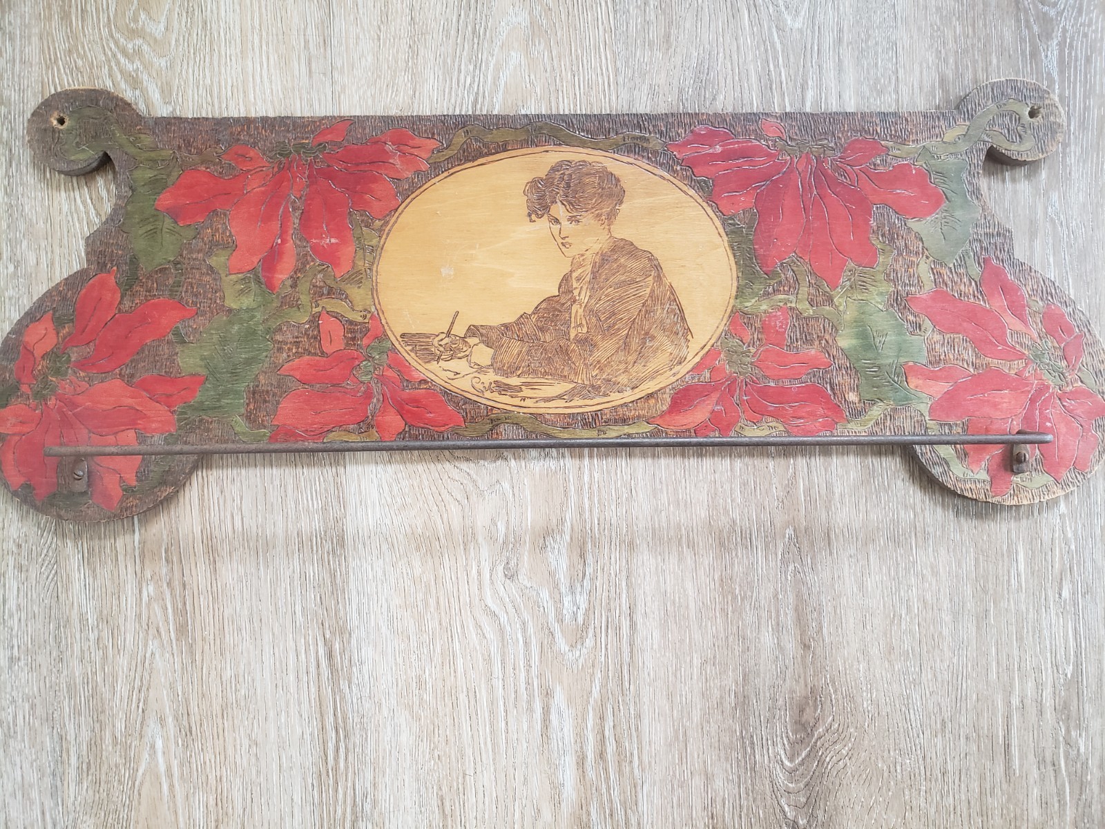 ANTIQUE 1890’s GIBSON GIRL PYROGRAPHY HAND PAINTED HANGING RACK 24″ LONG RARE