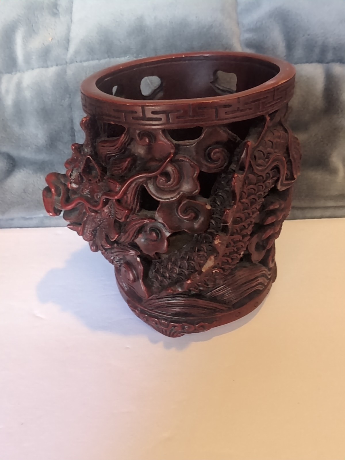 Chinese Cinnabar Red Lacquer – Dragon – Pencil Holder 4.5″ – See Pics/Notes