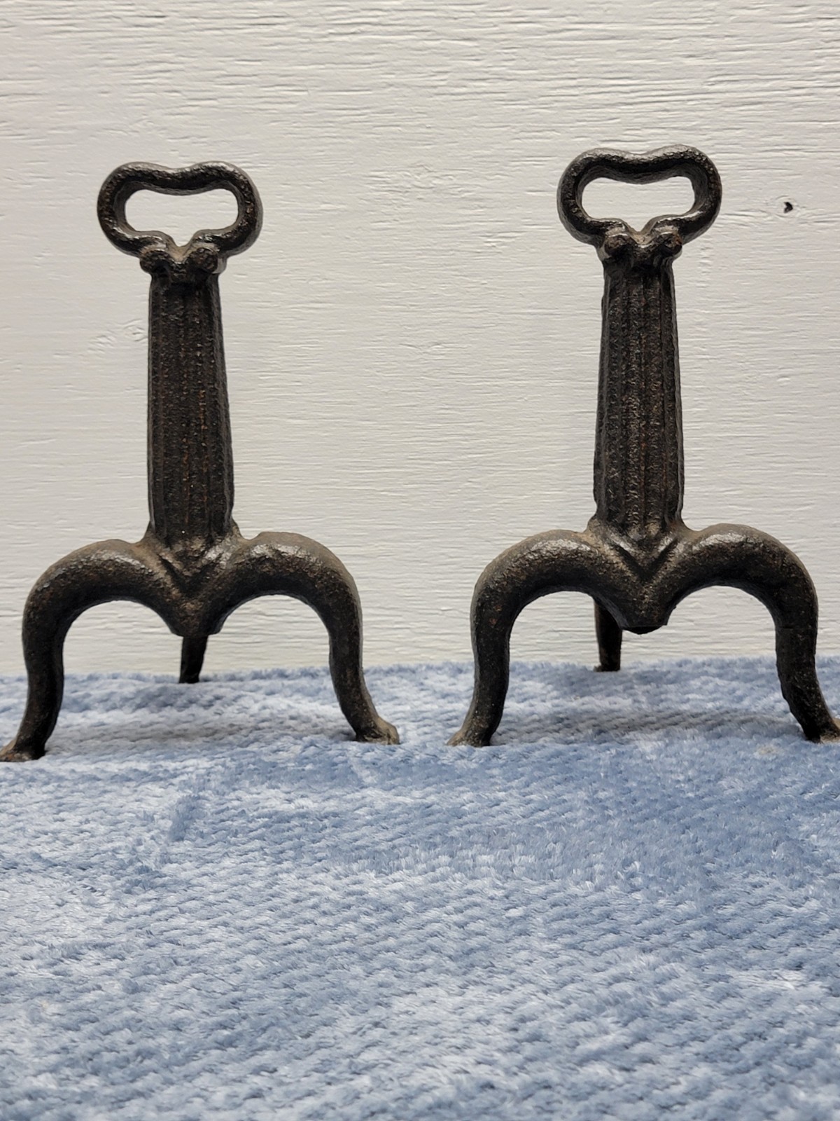 Antique Cast Iron Andirons 12″ Tall 8″ Wide Black 6.5″ Deep Original Patina
