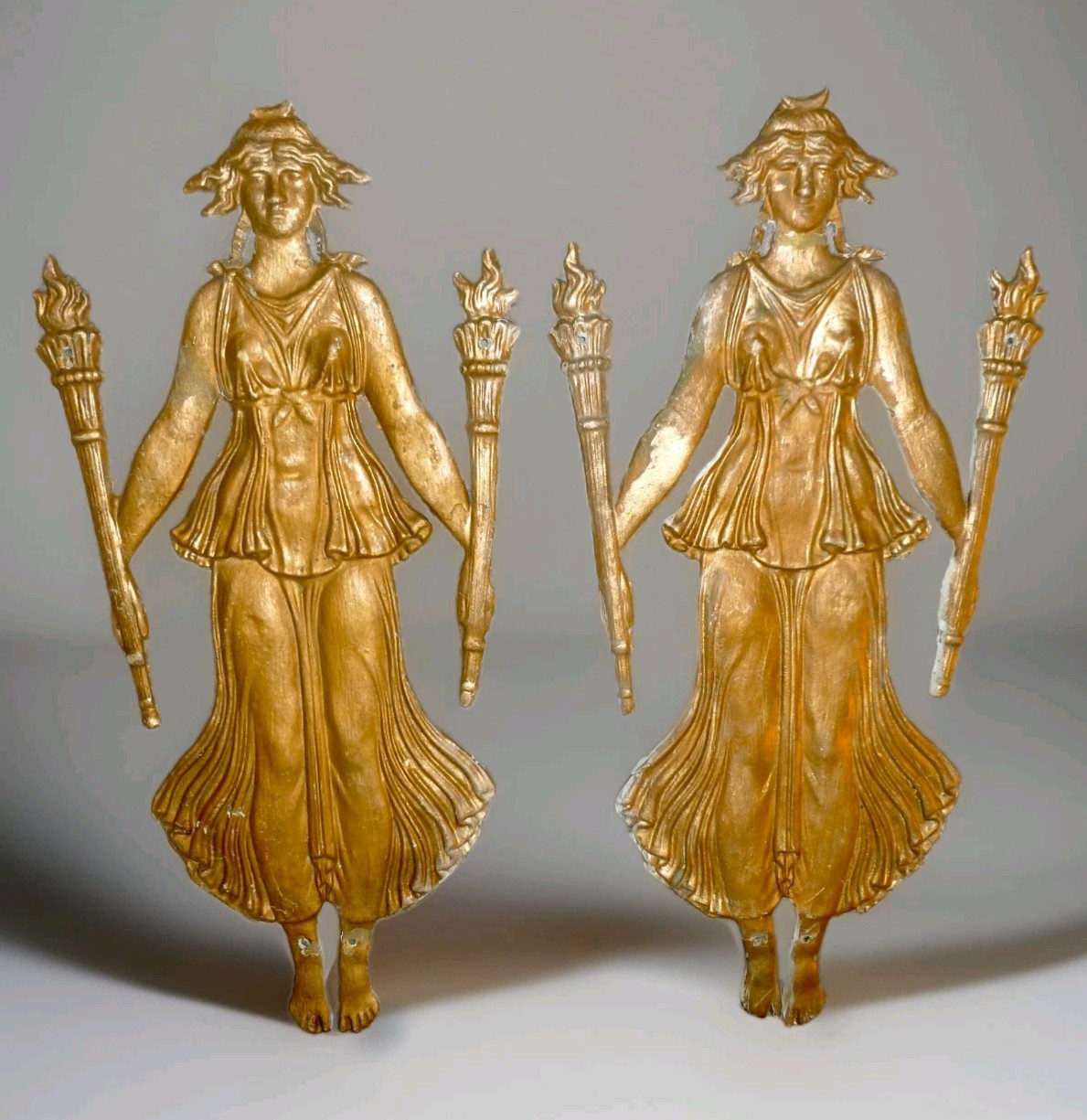 PAIR OF LARGE FRENCH BRONZE/BRASS PEDIMENTS DECORS MOUNTS FEMALE WITH 2 TORCHES