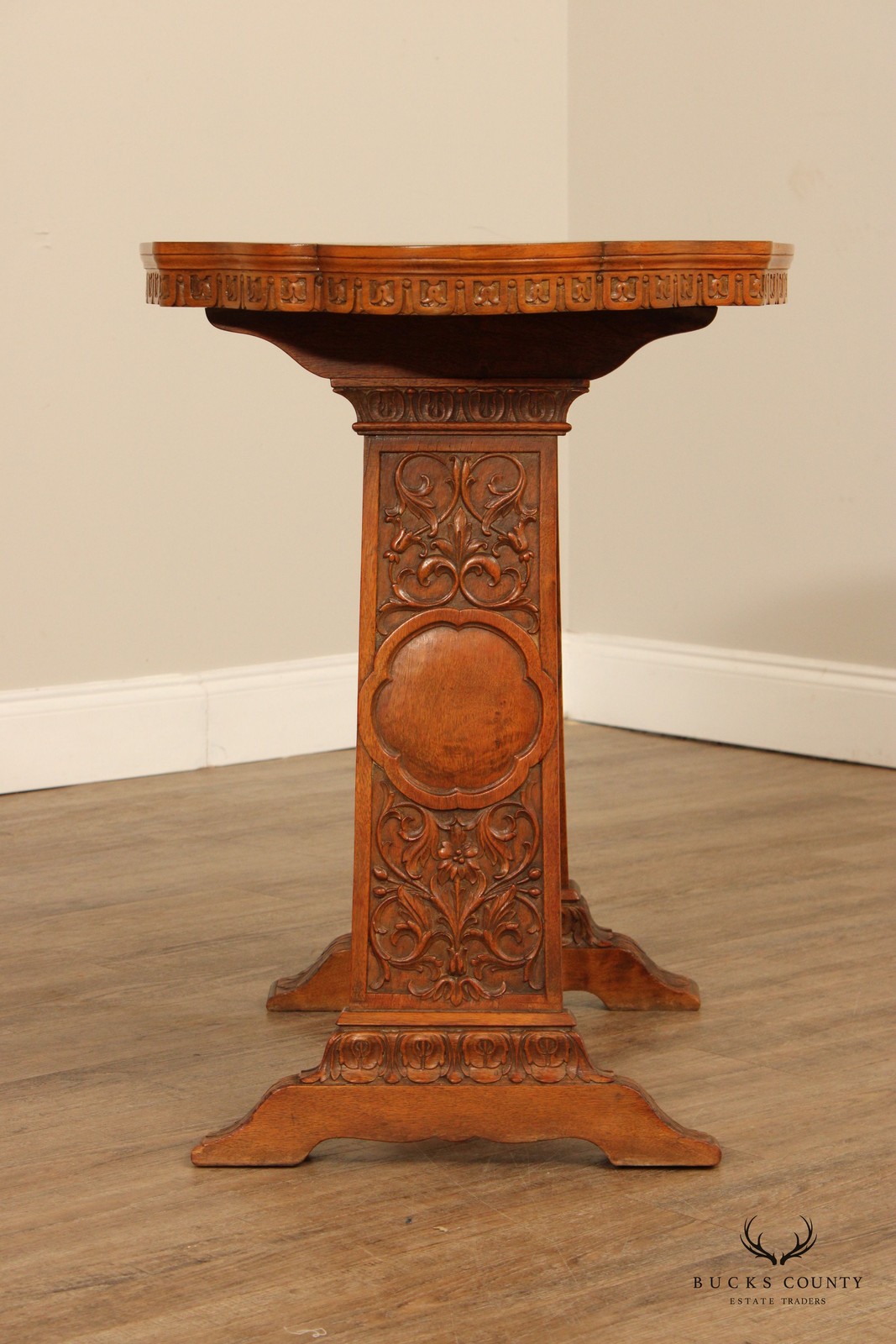 Antique Spanish Revival Carved Oak And Forged Iron Trestle Side Table
