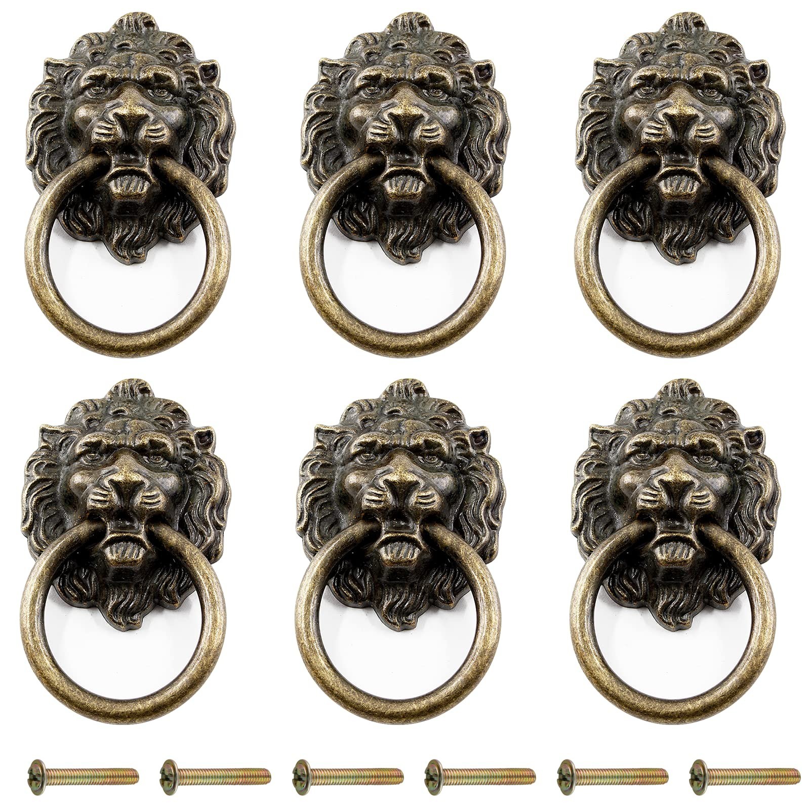6 Pcs Lion Head Knobs Pull, Antique Bronze Ring Pull Handles for Dresser Drawers