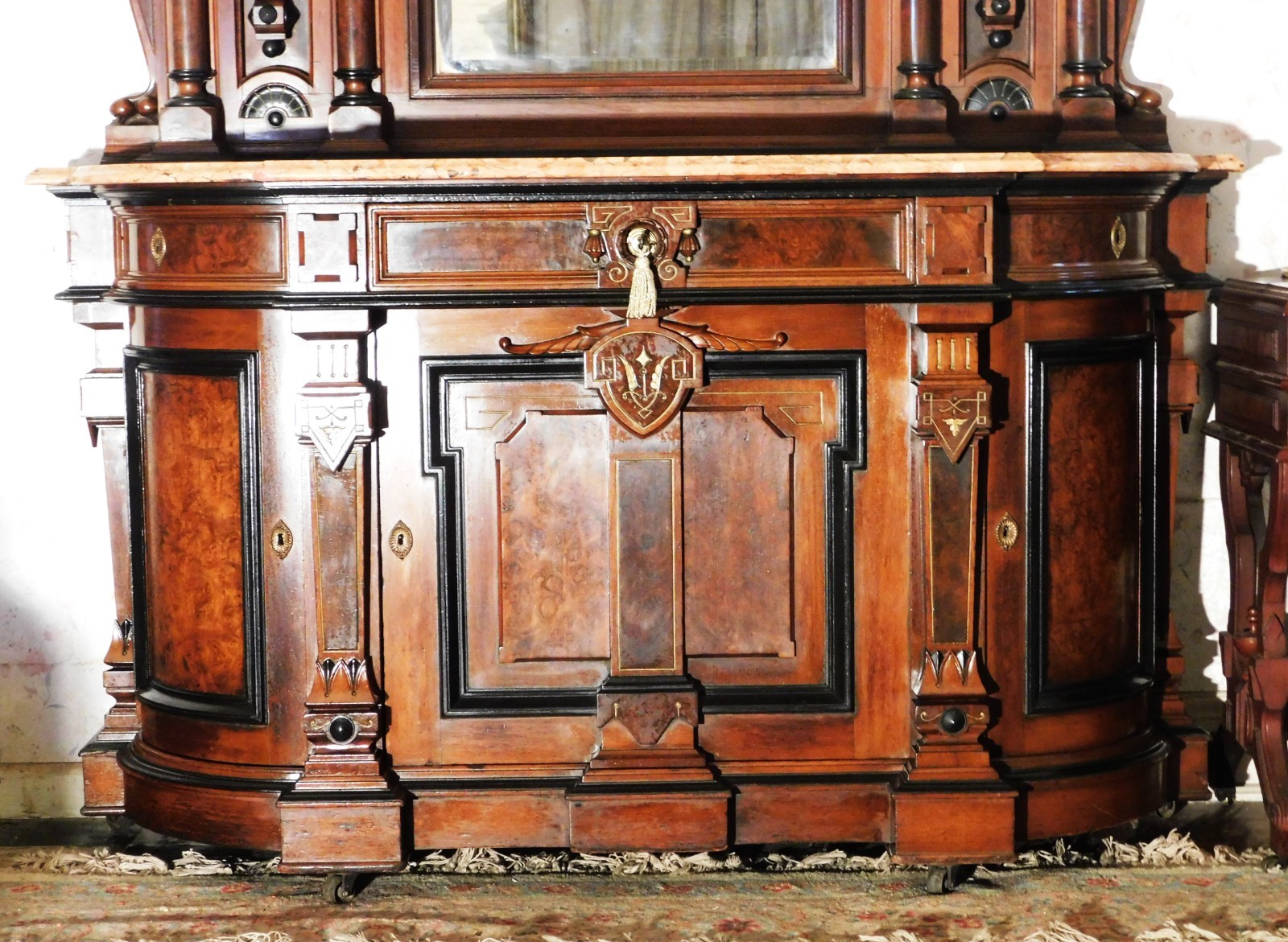 Phenomenal Marble Top Walnut Buffet Sideboard w/Ebony and Gold c1860