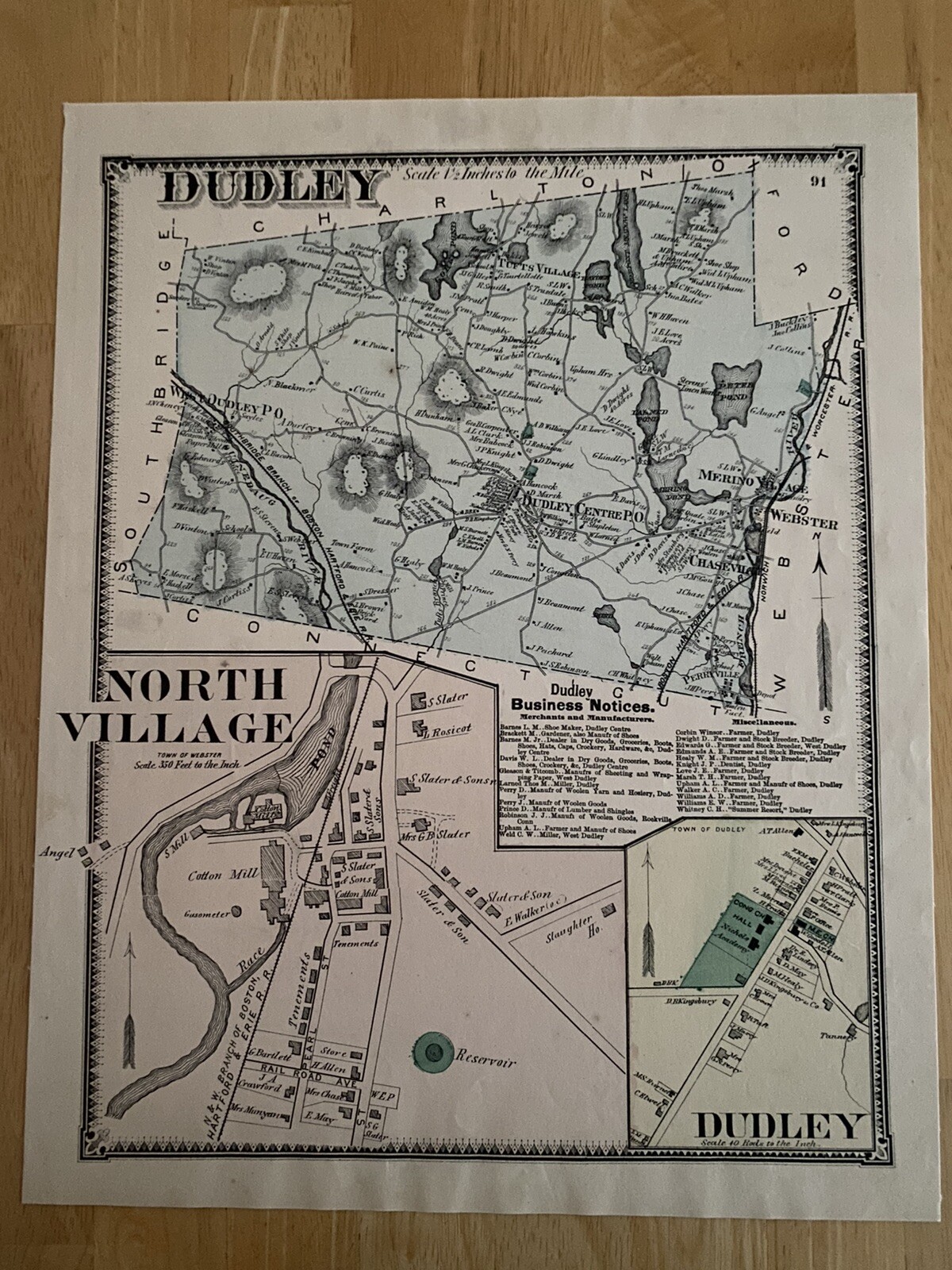 Dudley , Worcester County . 1870 F.W. Beers detailed township map. Hand Colored