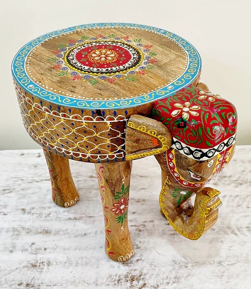 Indian Wooden Hand Painted Elephant Stool Home Decor Stool Kid Stool Small Decor