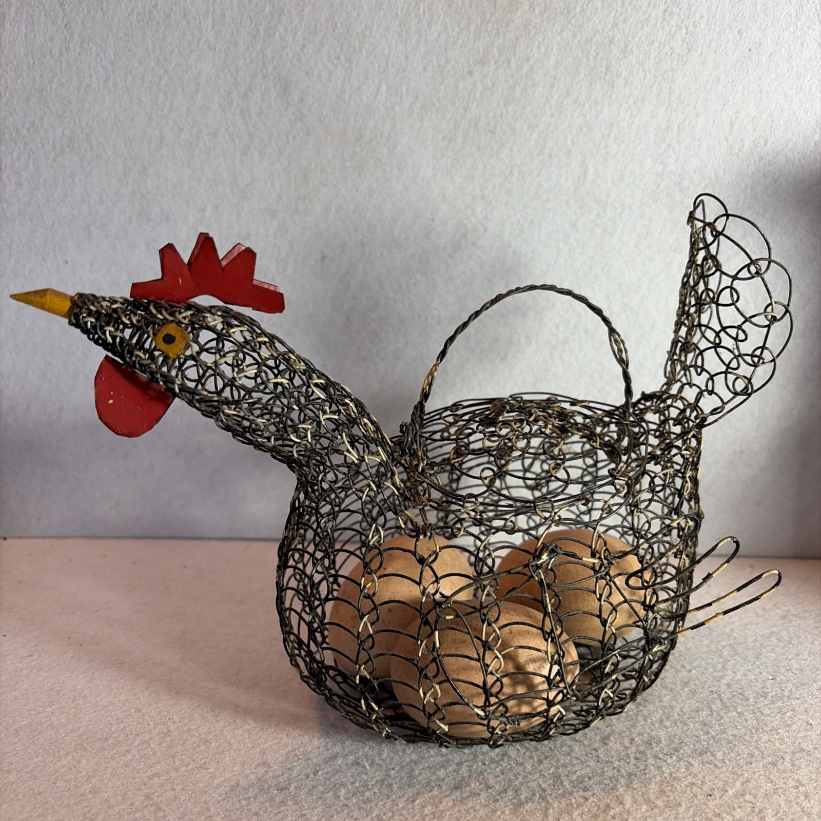 Primitive Wire Chicken Egg Basket with 3 Ceramic Eggs