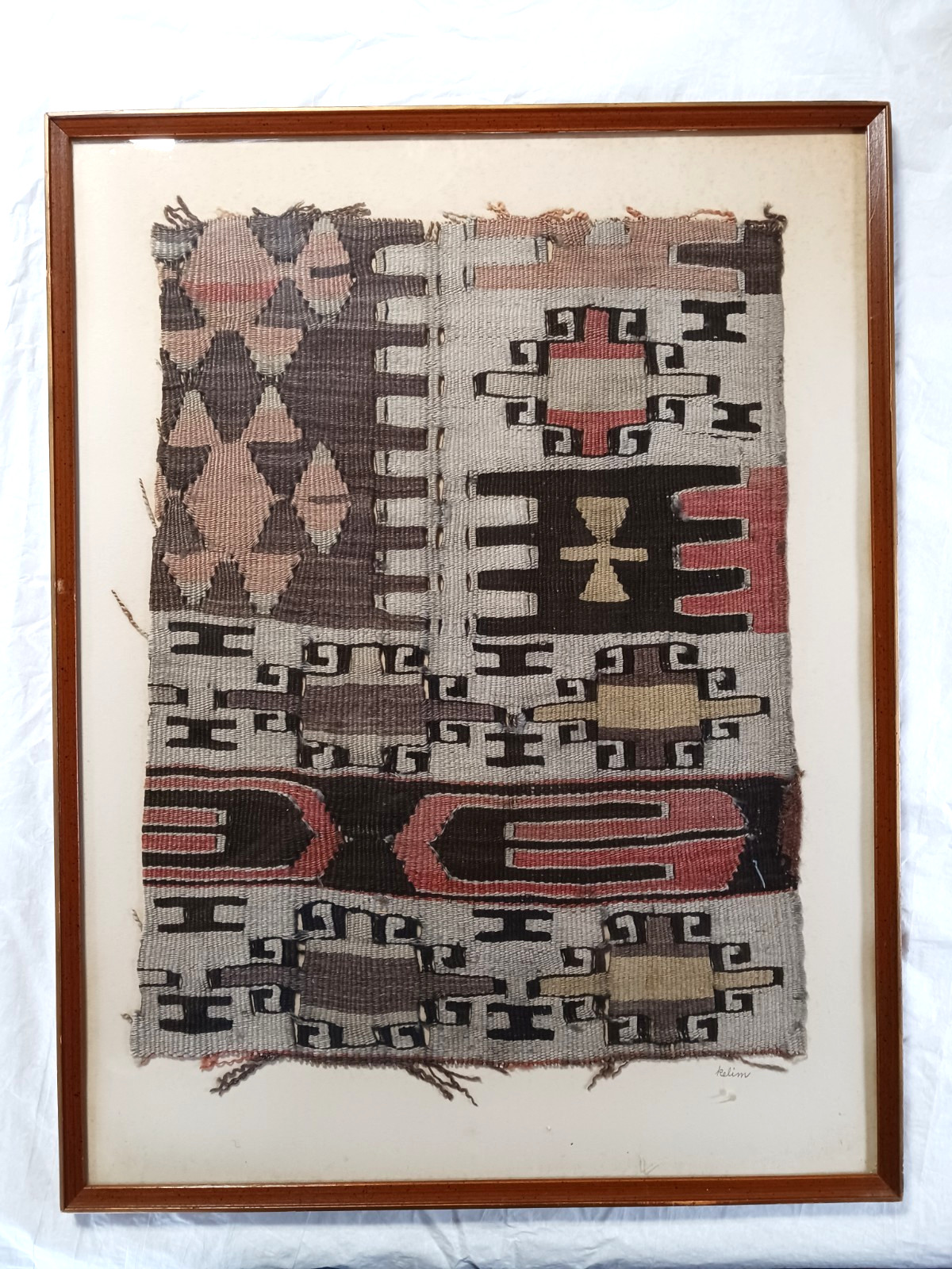 Antique Handwoven Anatolian Kilim Fragment Woven Wool Framed