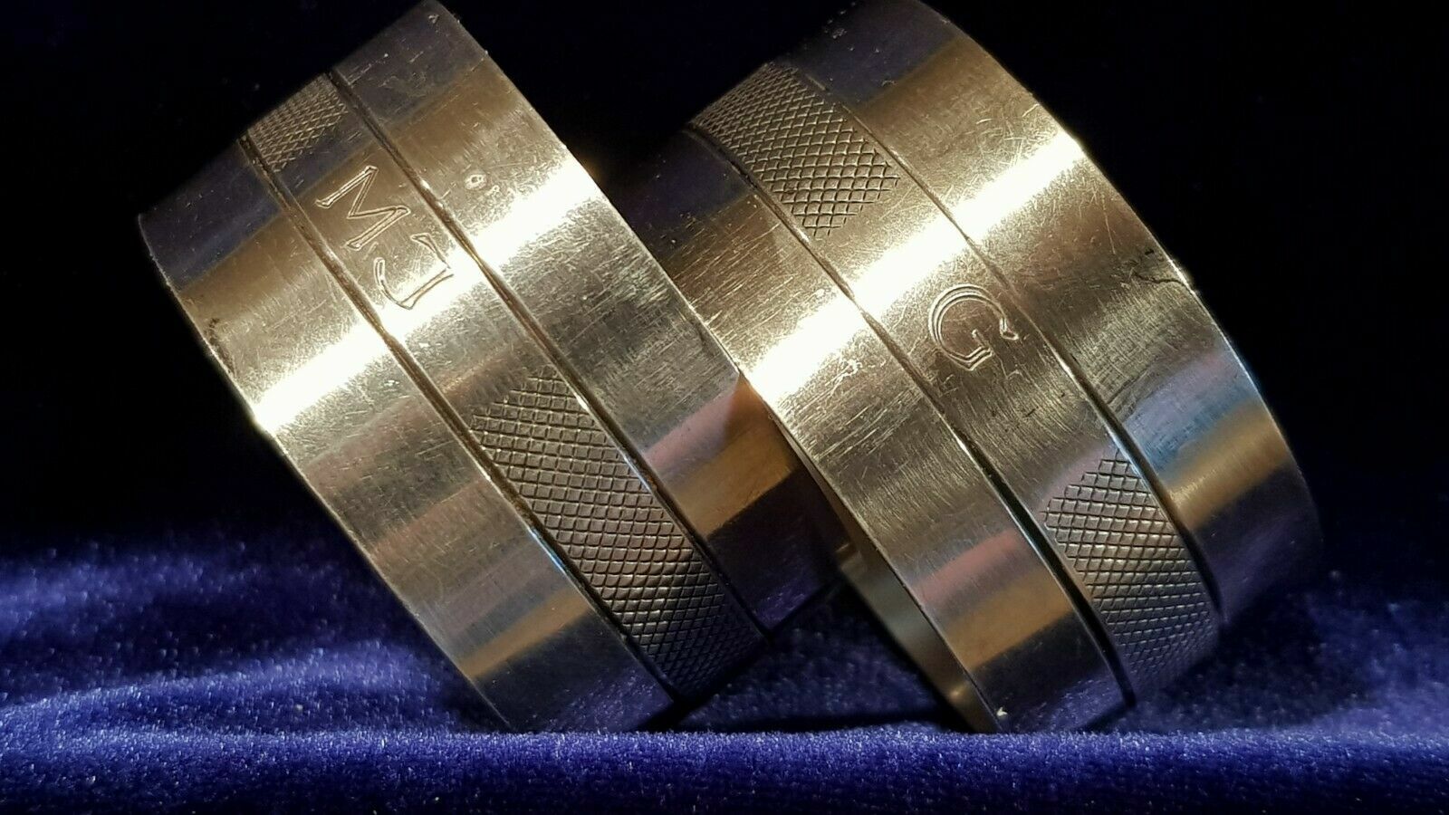 PAIR of Antique French SILVER plate napkin rings monograms MJ, G 36G