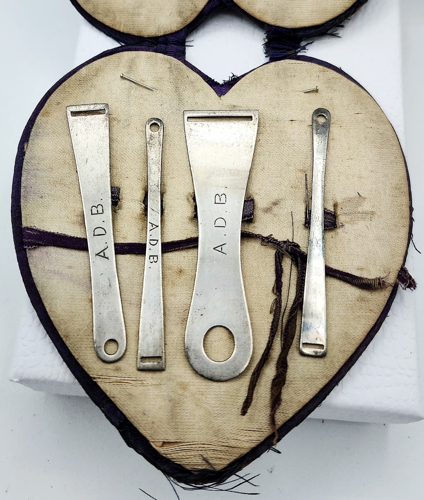 Antique Victorian 4 pc in Heart Case Sterling Silver Bodkin Ribbon Threader Set