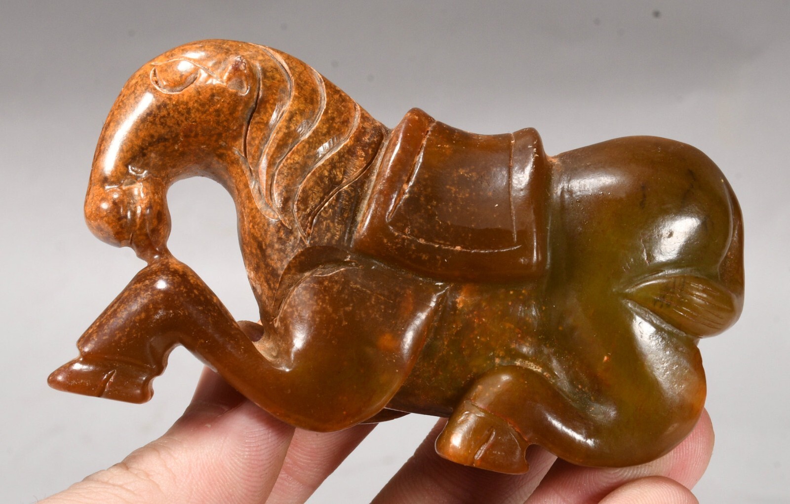 3”Hongshan Culture Hetian Old Jade Fengshui 12 Zodiac Horse Animal kneel Statue