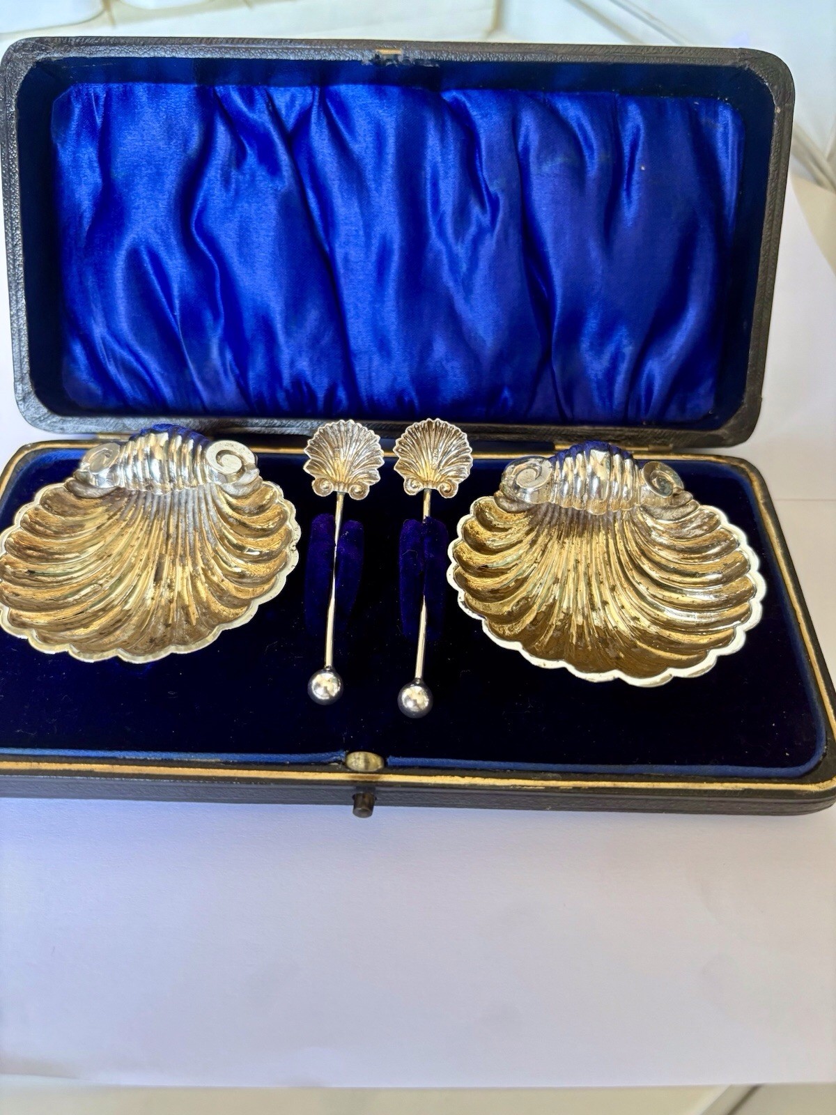 Full Set Edwardian Silver Salts & Spoons Fitted Case 1904 WILLIAM HENRY LEATHER