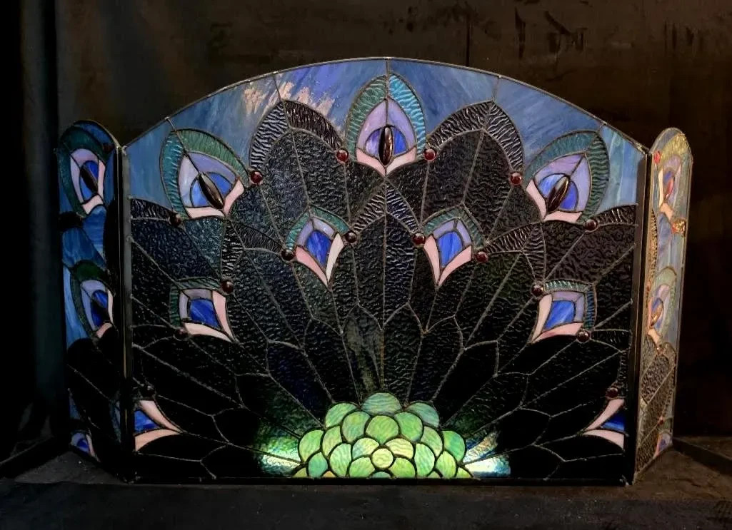 Antique Unique Handmade Peacock Stained Glass 20″ Tall Fireplace Front