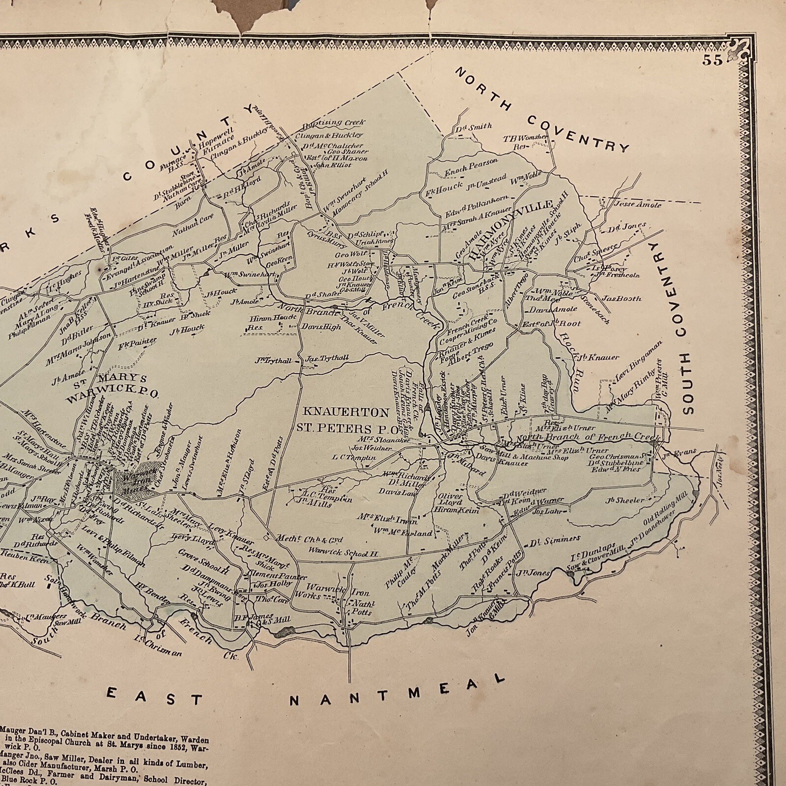 Original 1873 Atlas Map Warwick PA Chester County A R Witmer Businesses