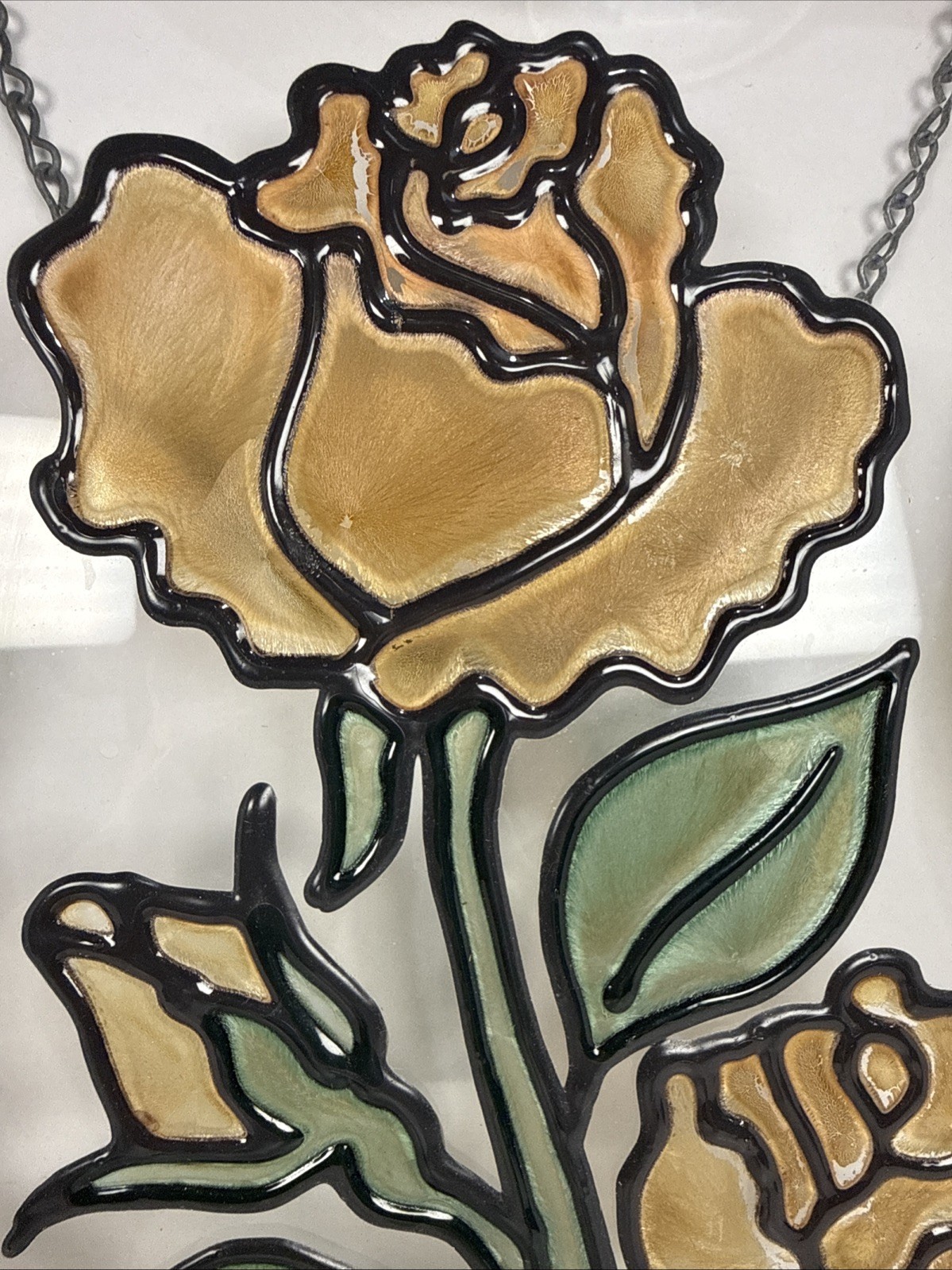 VTG Stained Glass Window Panel Hand painted Rose Flower Sun Catcher Wood 18×14