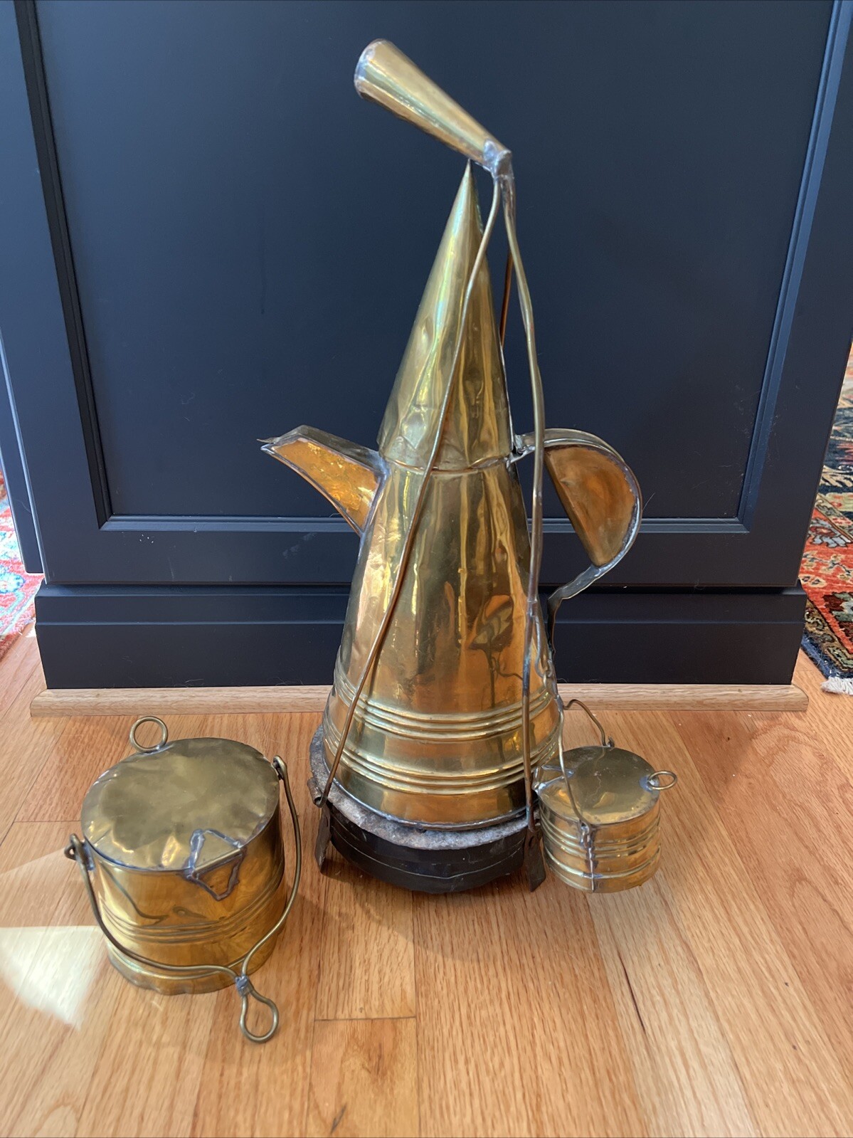 Vintage African Brass Travelling Vendors Coffee Pot And Charcoal Holder