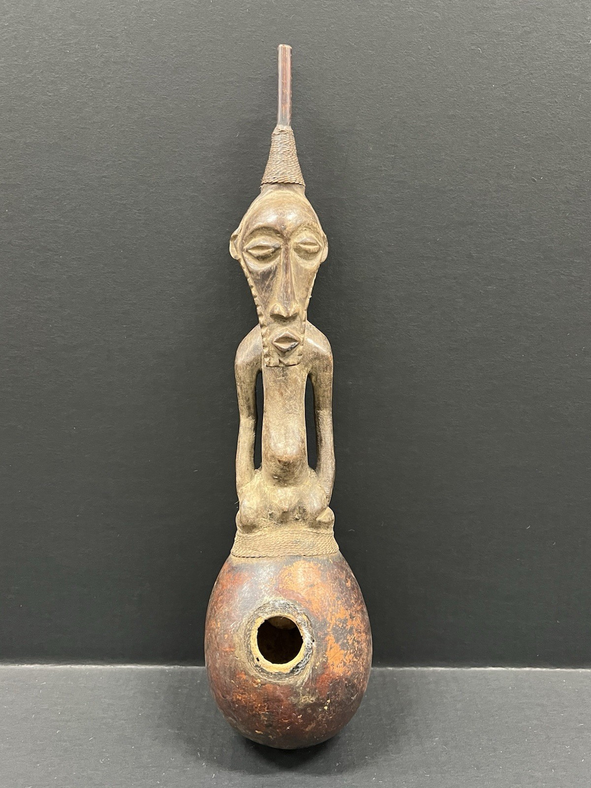 African Tribal Art Carved Wood And Calabash Ceremonial Luba Pipe 18” X 4.5”