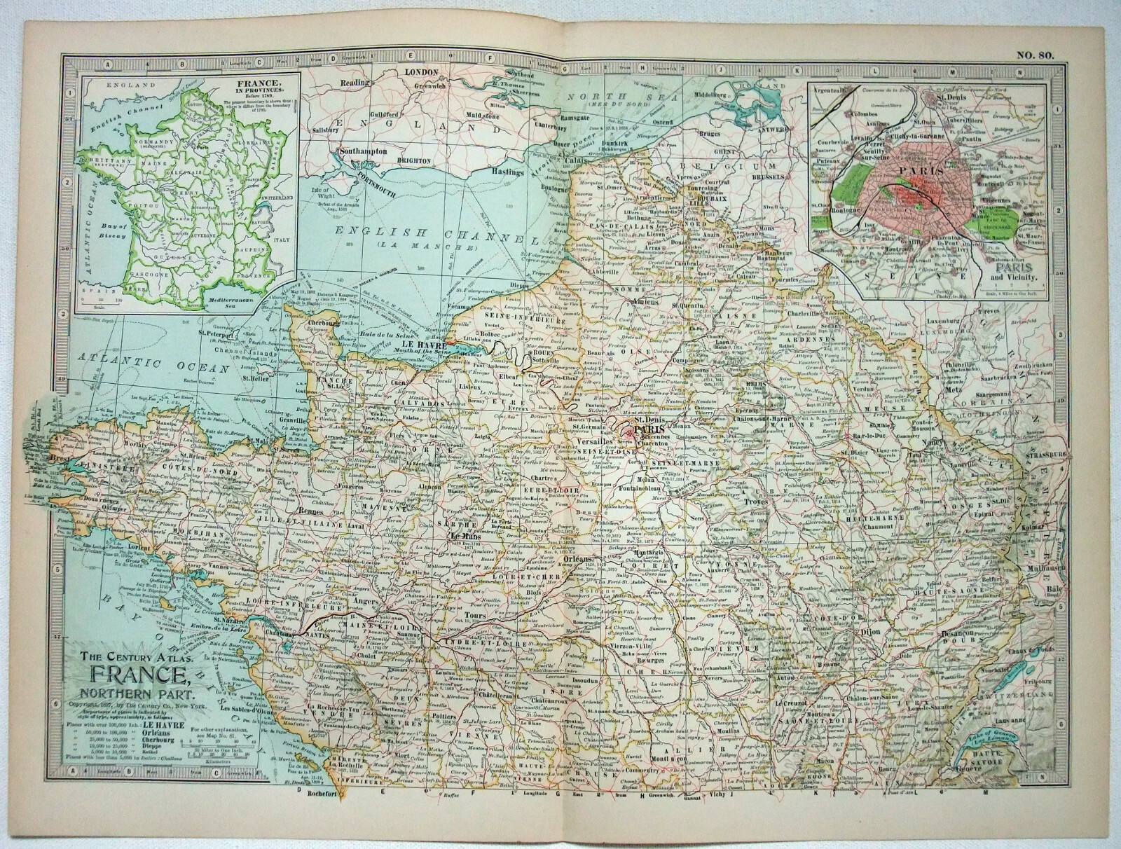 Northern France – Original 1897 Map by The Century Company. Antique