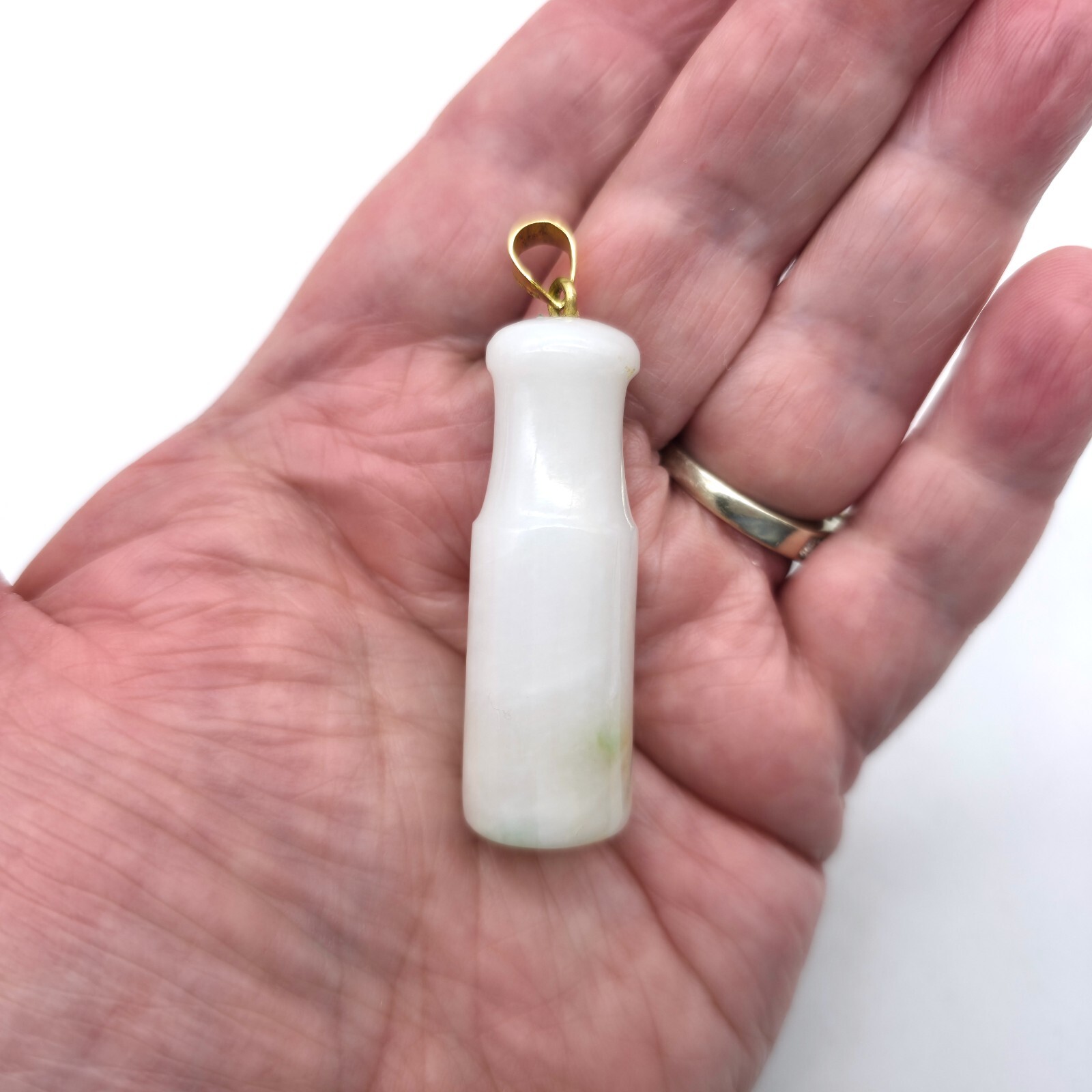 Ice White Carved Jadeite Jade Barrel Tube Pendant 14K Gold ~ Cigarette Holder