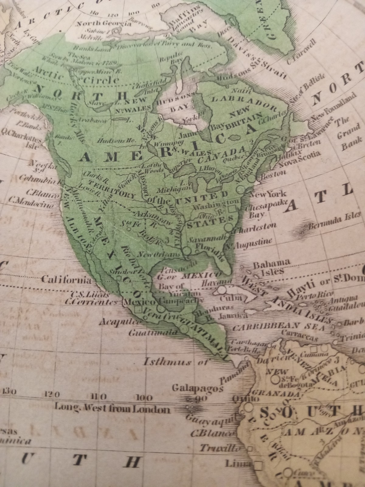 Antique 1821 World Map Double Hemisphere Engraving William C Woodbridge Hand Col