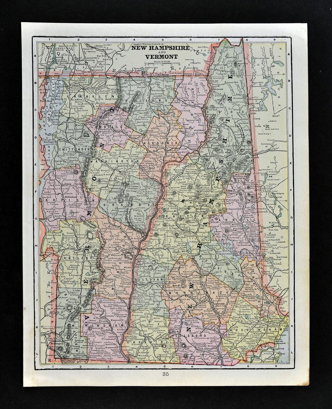 c 1899 Cram Map New Hampshire & Vermont Montpelier Concord Burlington Portsmouth