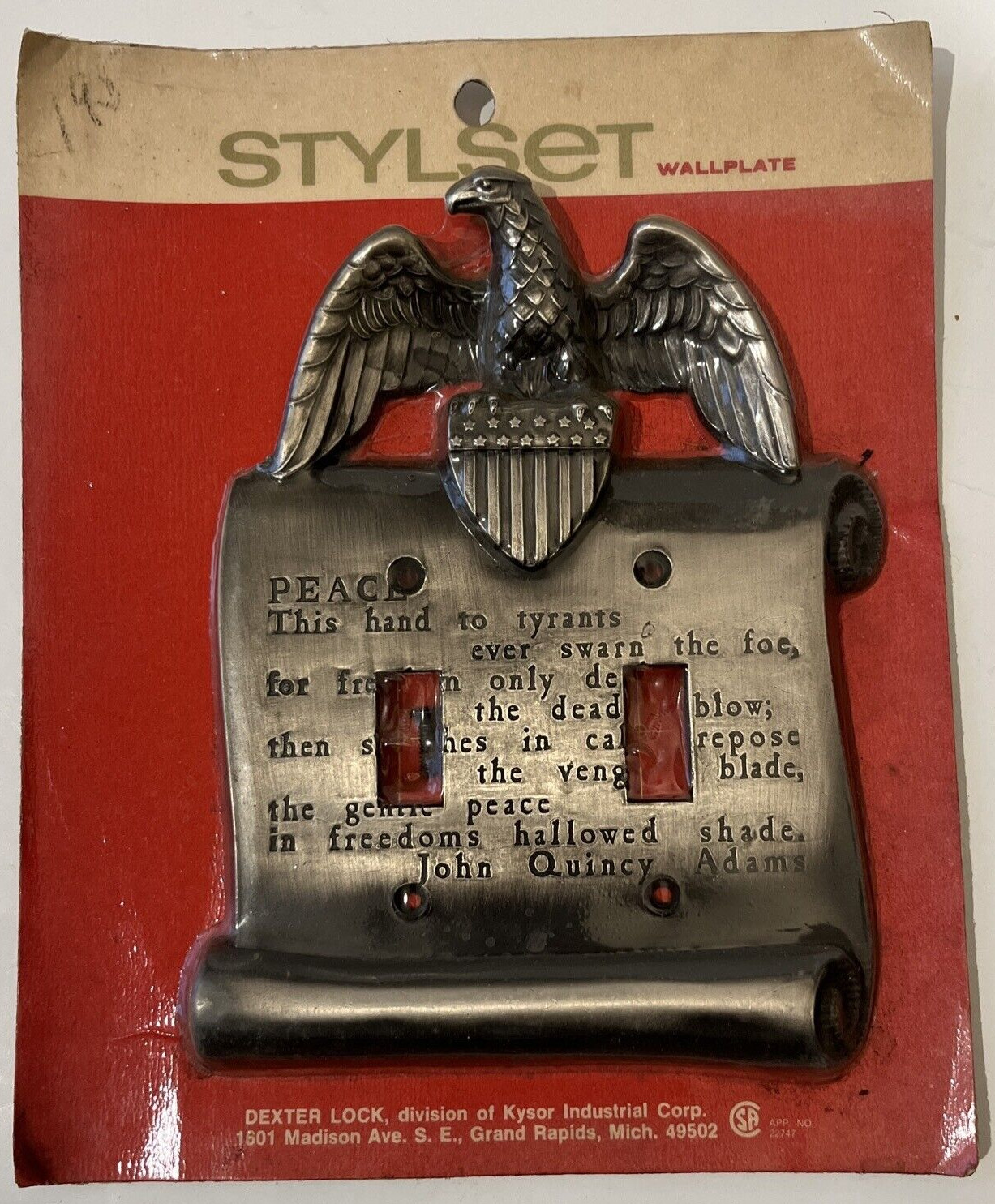 Vtg American Eagle Peace John Q Adams Antique Pewter Double Light Switch Cover