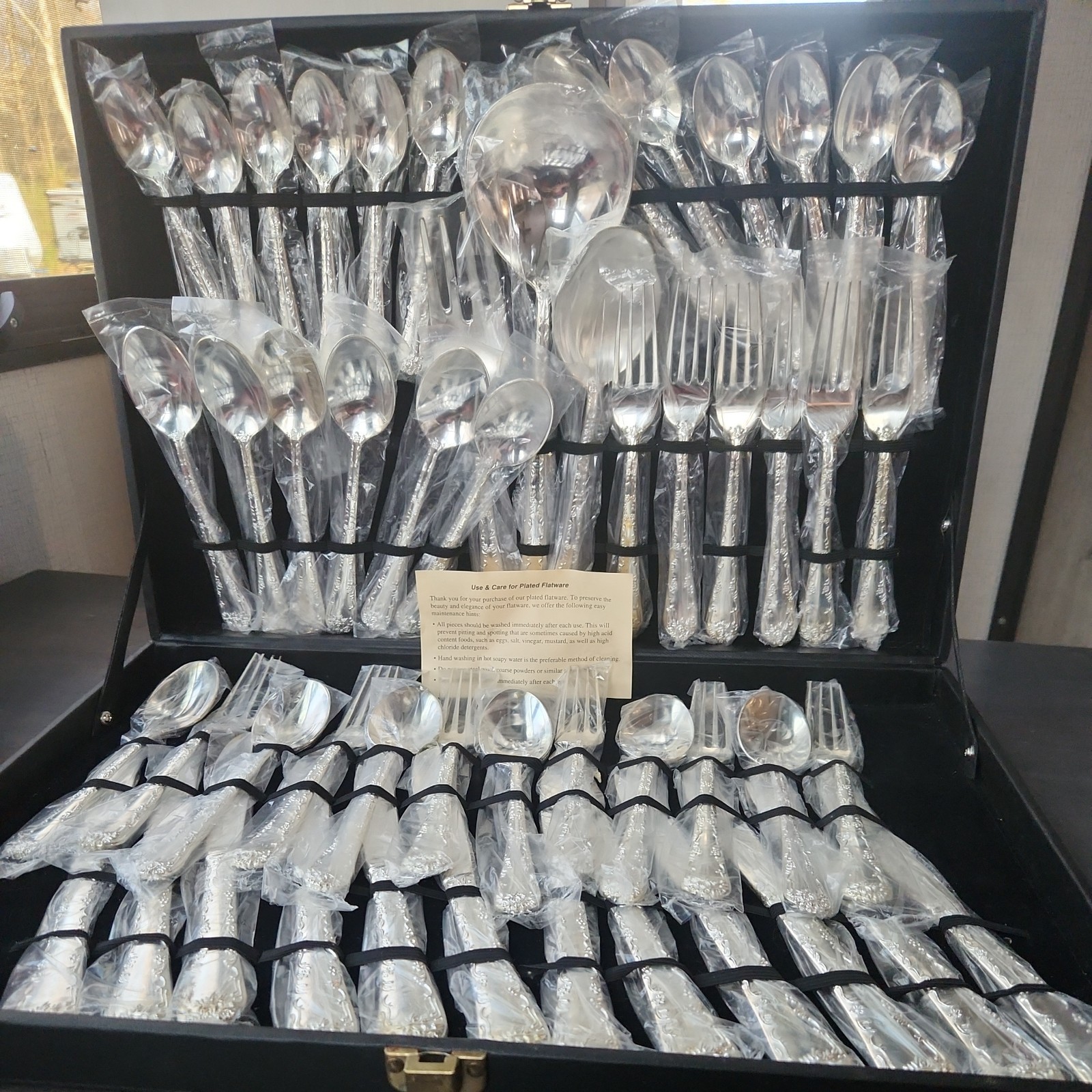 WM Rogers Son Silverplate Flatware Set Enchanted Rose 51 pc Rare- NEW IN CASE