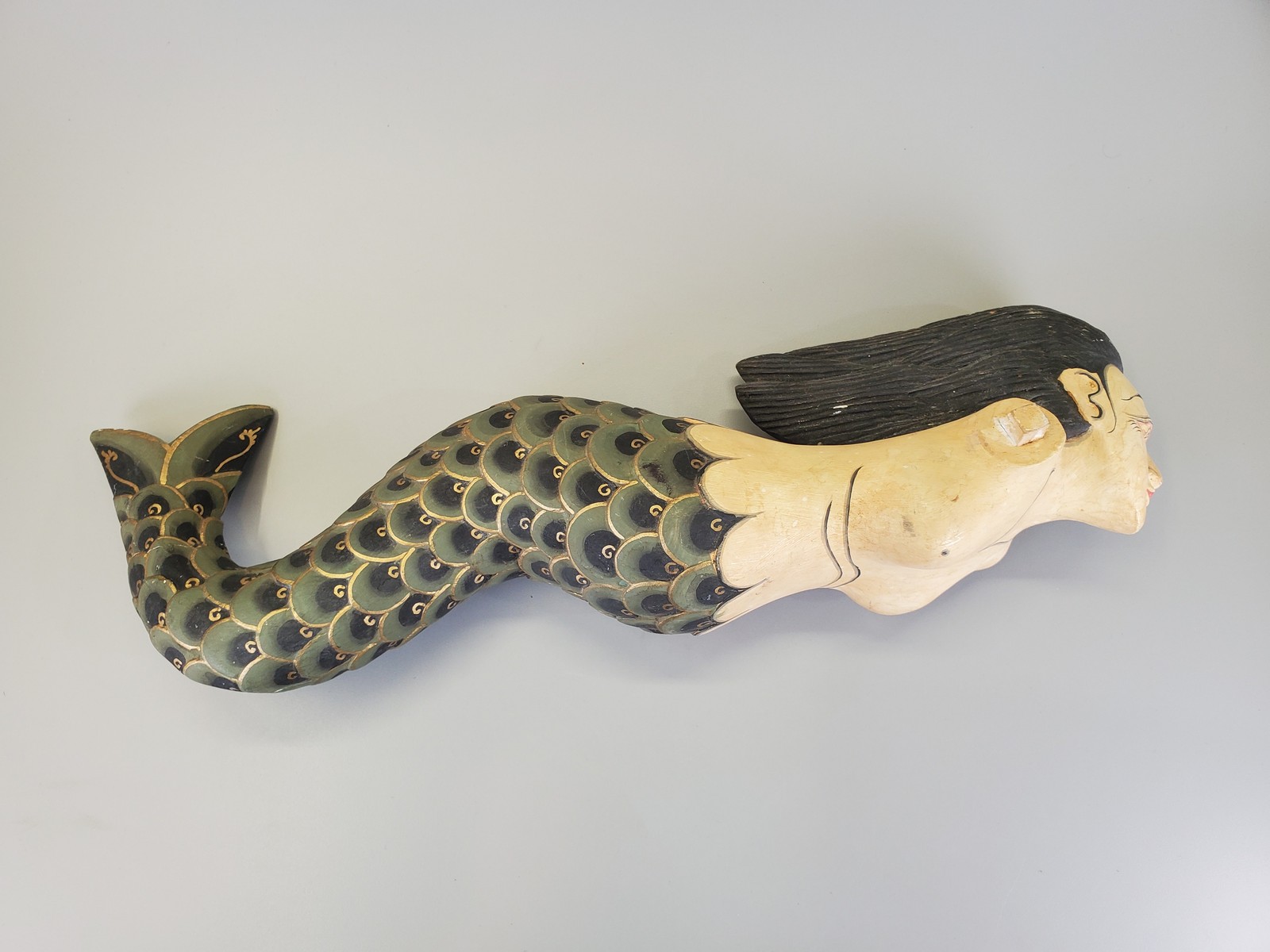 Vintage Bali Balinese Mythical Mermaid Mobile Wood Carving Figure Statue