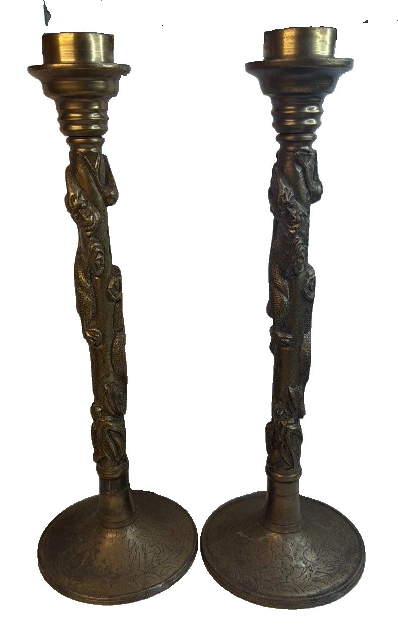 PAIR Vintage CHINESE BRASS CANDLESTICKS 14 Inch DRAGON Wrapped Stem