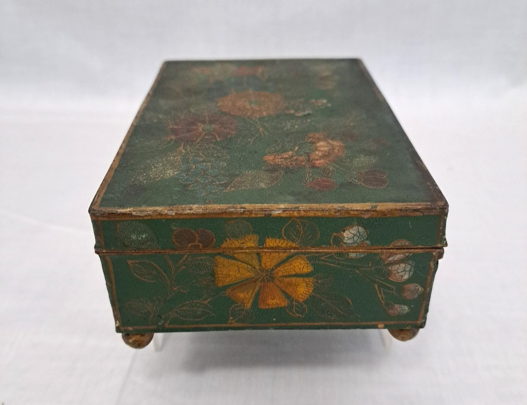 Antique Chinese Handmade Hand Painted Tin Jewelry Trinket Box Floral Design