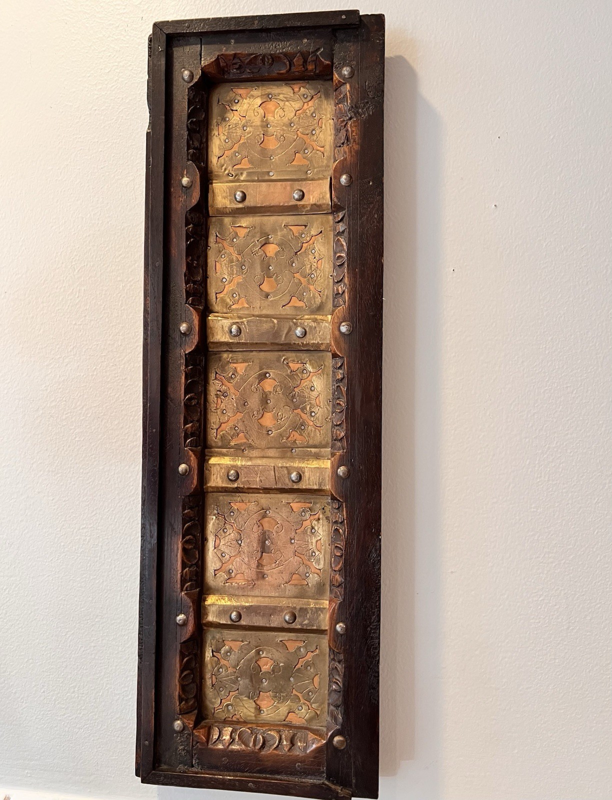 Vintage Indian Haveli Brass Over Copper Carved Wood Architectural Wall Panel 21″