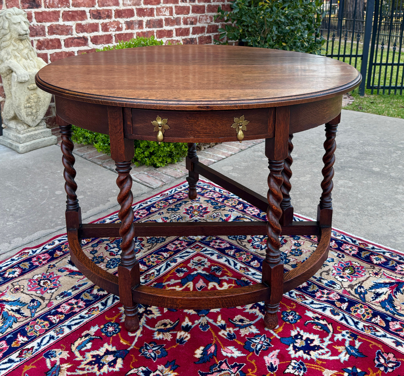 Antique English Demilune Table Drop Leaf Barley Twist w Drawer Oak ROUND 1920-30