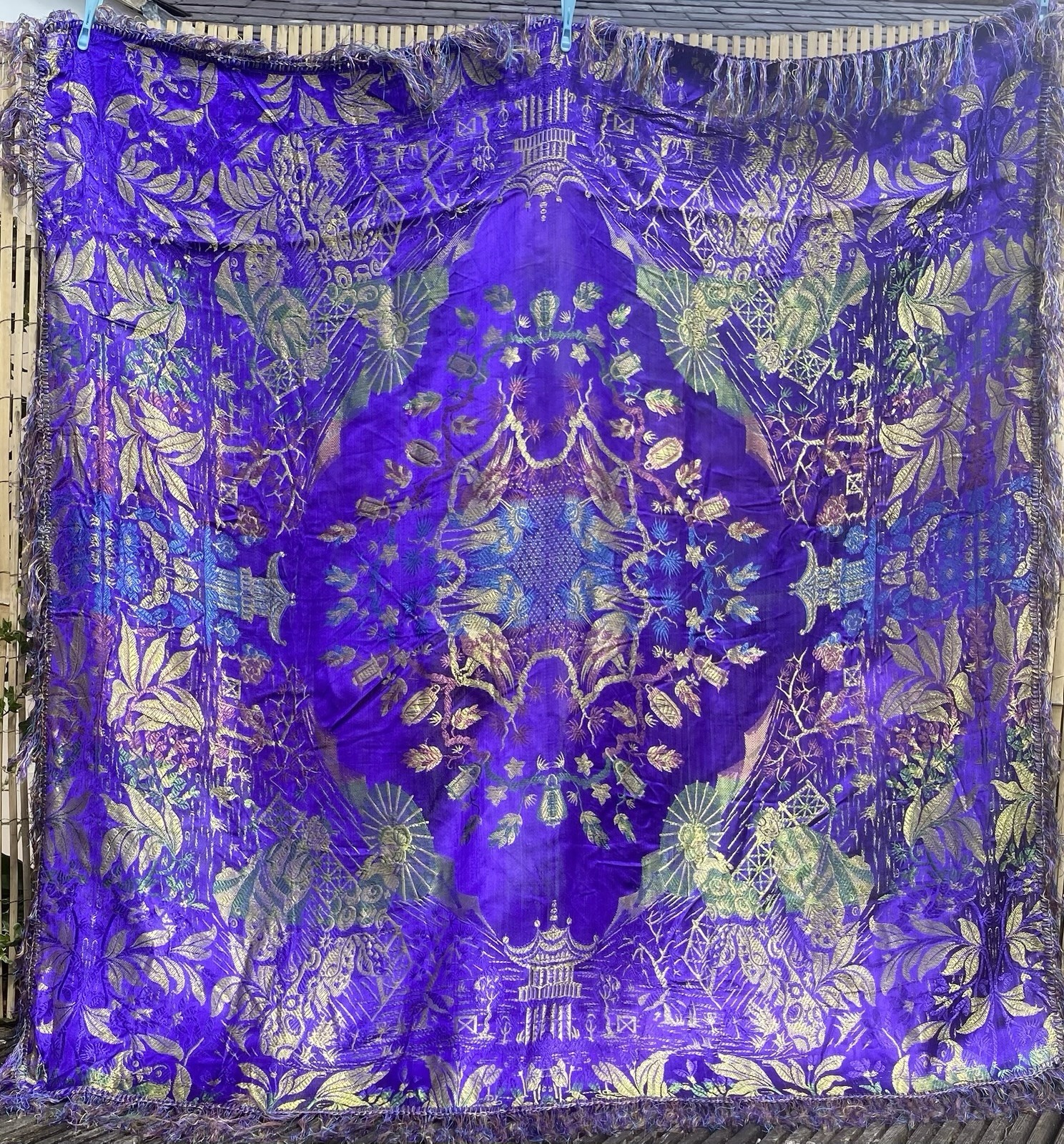 Chinese Piano Shawl Silk With Fringe Vintage Sarong Drape Wrap Sash Blanket