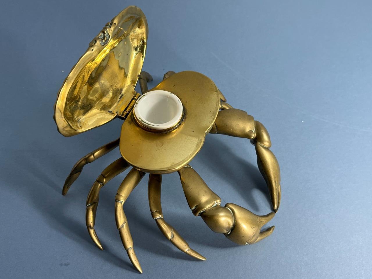 SCARCE UNUSUAL ANTIQUE VICTORIAN BRASS NATURALISTIC CRAB INKWELL & LINER