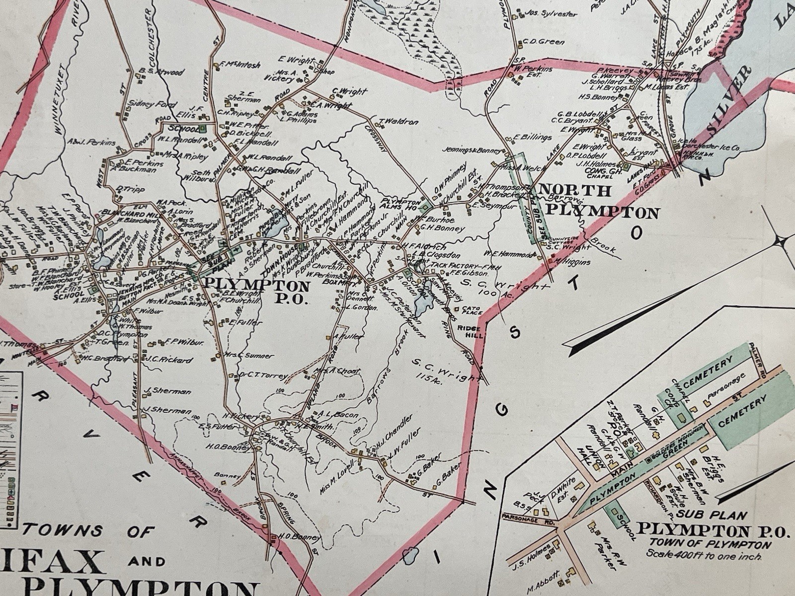 Orig 1903 Map Halifax + Plympton,Silver Monponsett Lake,Stump Pond,MA Mass,Old