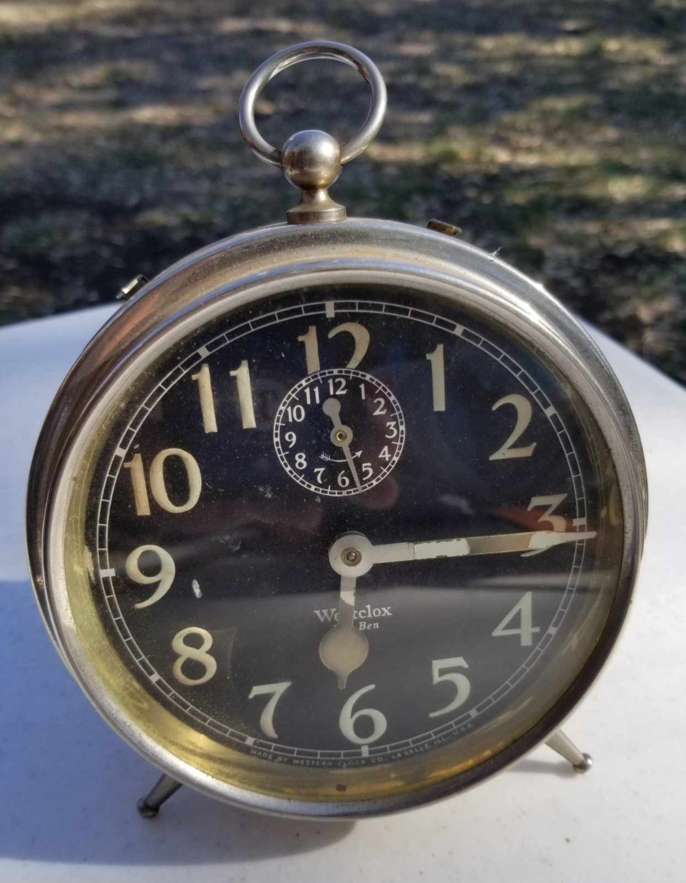 Antique WESTCLOX Nickel Big Ben Wind up Alarm Clock 1920’s Peg Leg BLACK FACE
