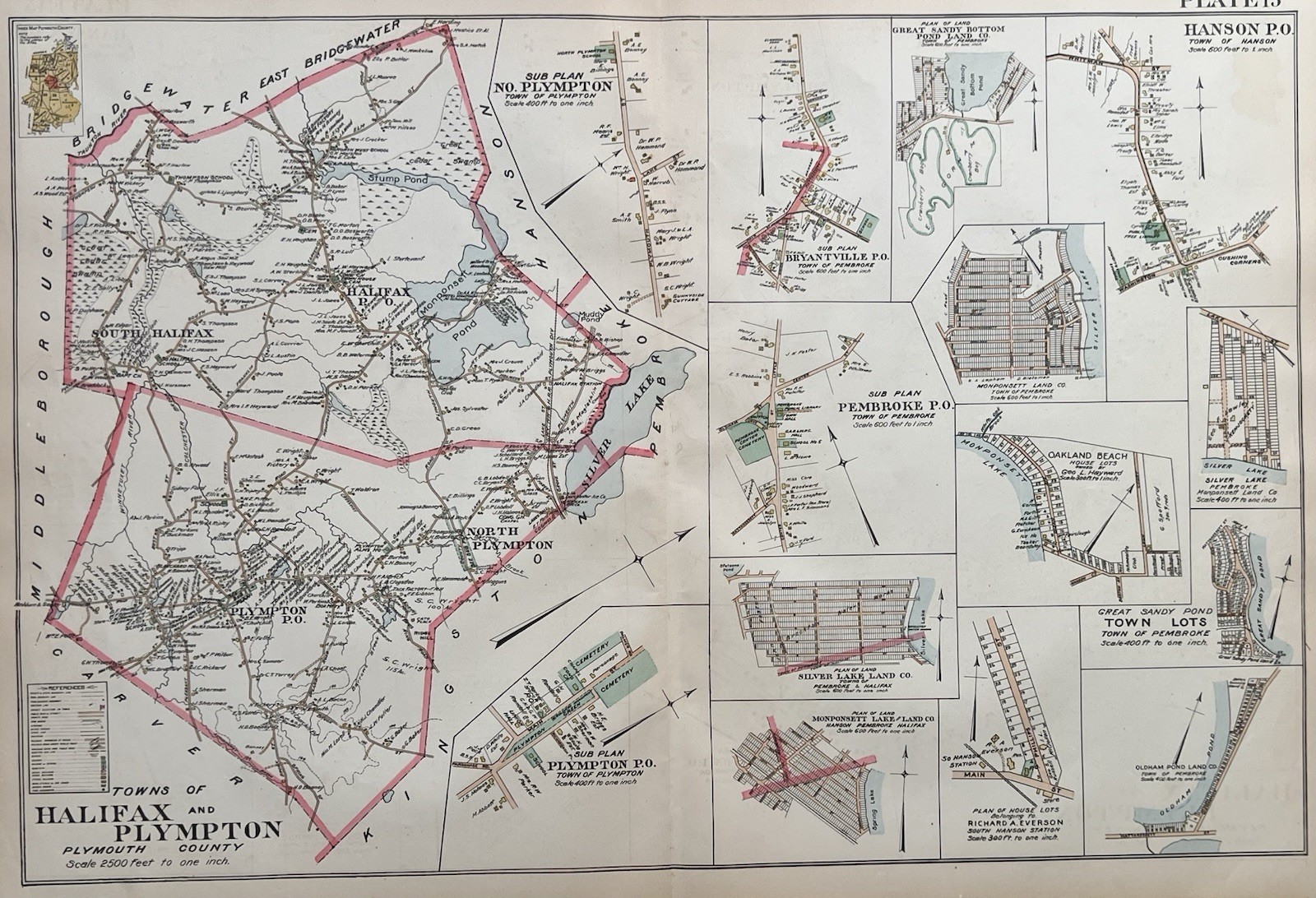 Orig 1903 Map Halifax + Plympton,Silver Monponsett Lake,Stump Pond,MA Mass,Old