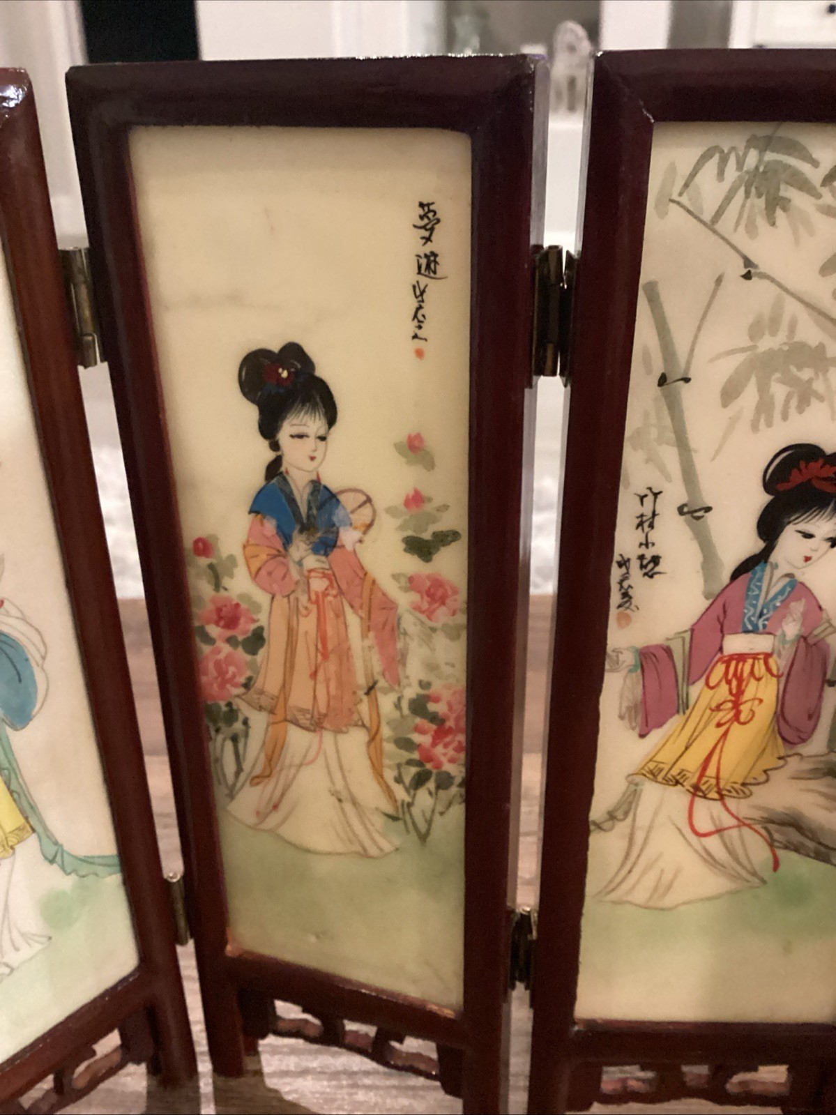 Antique Chinese 4-Panel Folding Table Top Divider Screen.