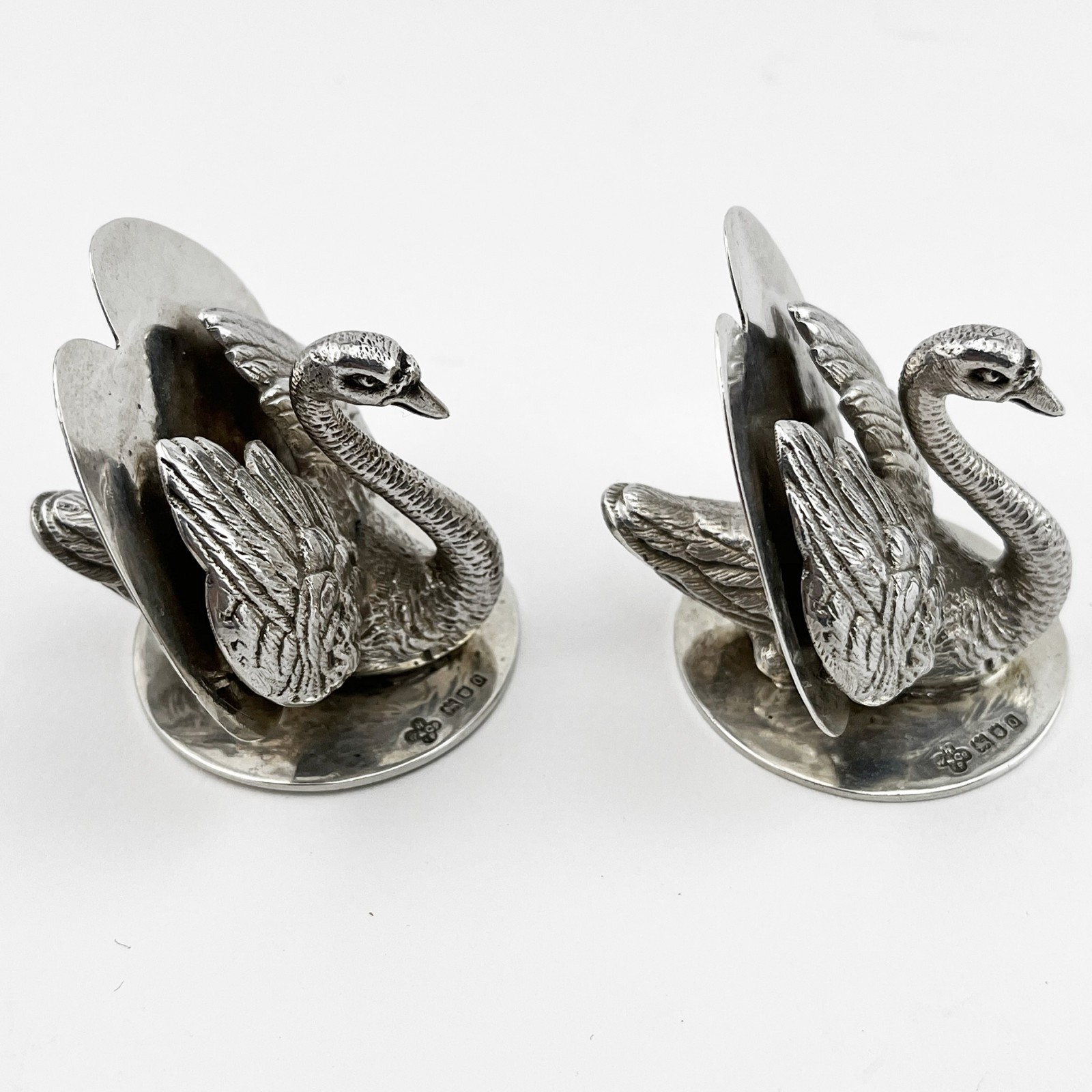Good Quality Pair of Edwardian Sterling Silver Swan Style Menu Holders 1904