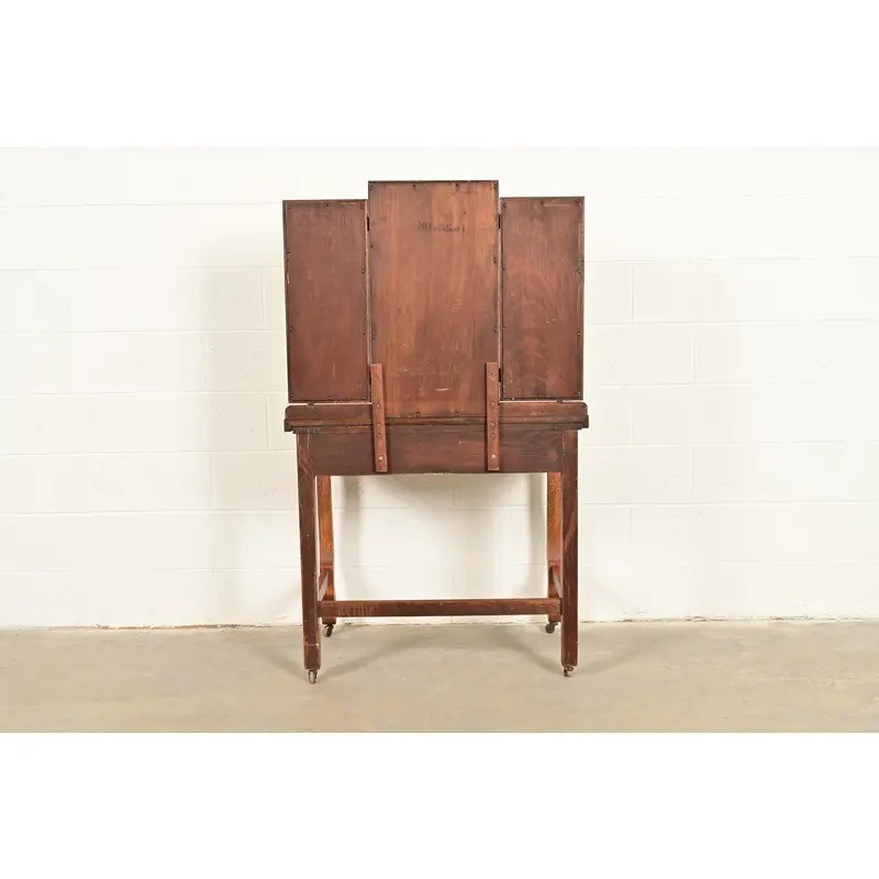 Antique American Empire Tiger Oak Vanity Dressing Table With Mirror, Circa 1900